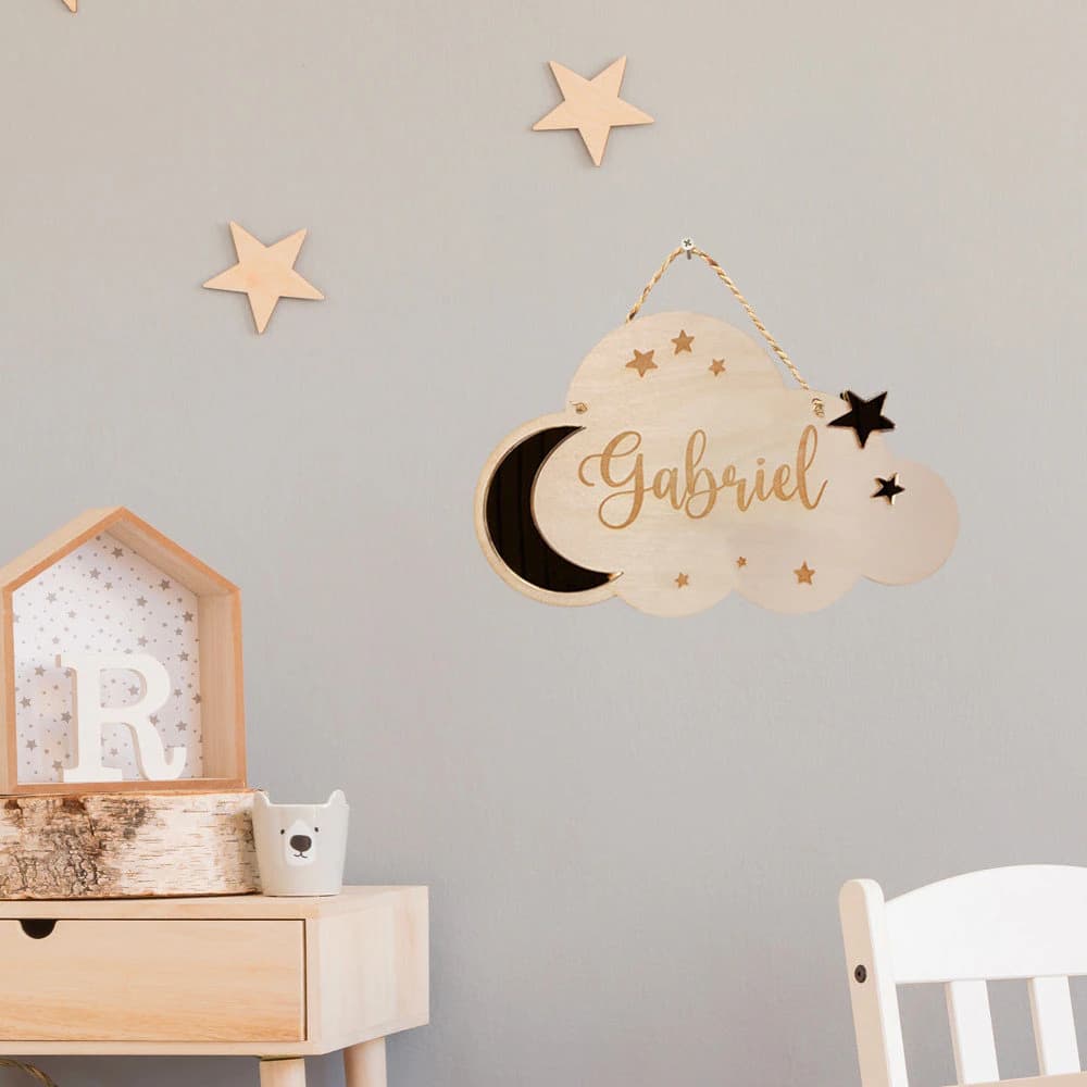 Plaque de porte nuage avec prénom personnalisable en bois et miroir or. Plaque prénom pour chambre bébé. Cadeau naissance original. - image 4
