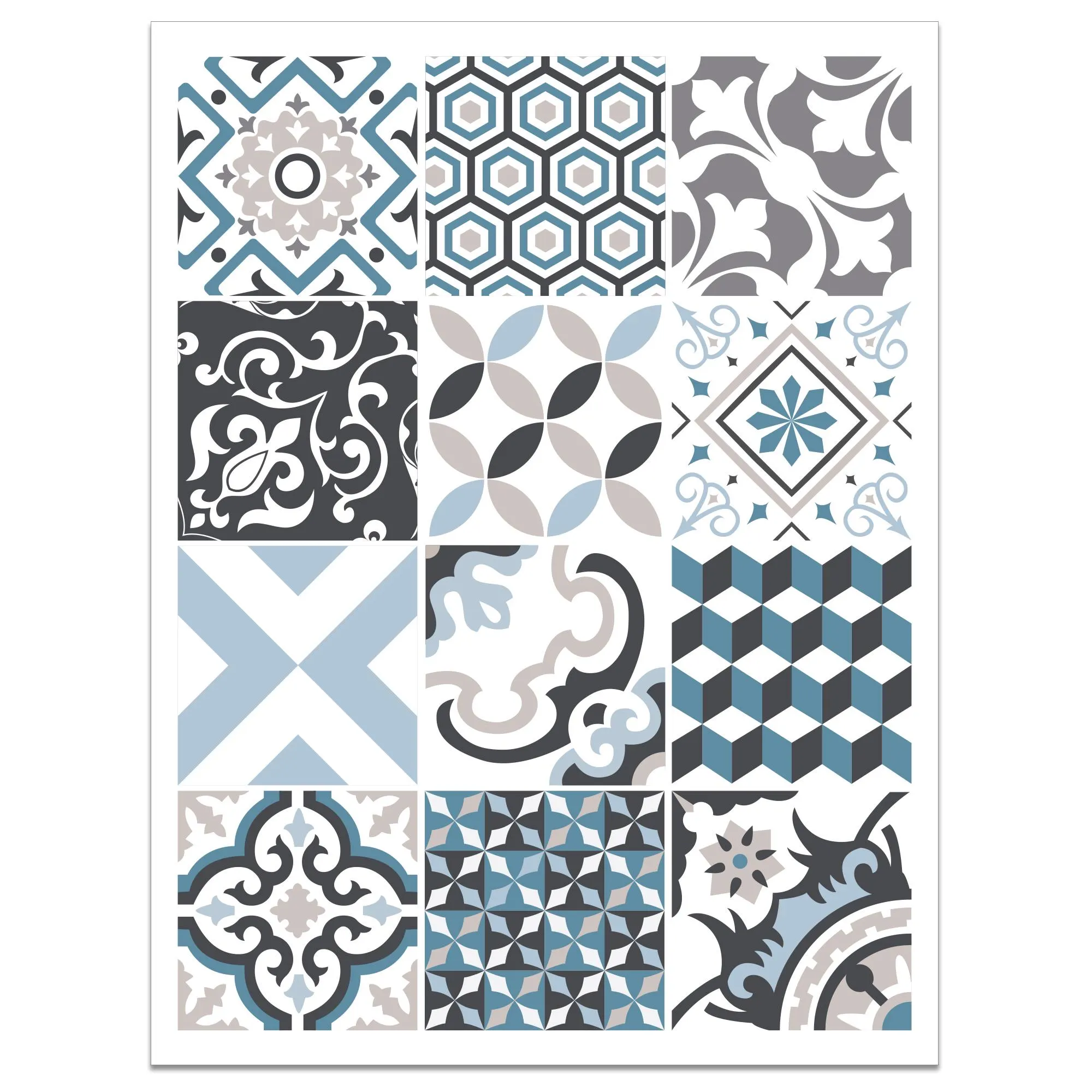 Planche 12 carreaux de ciment autocollants, Stickers carrelage imitation carreaux de ciment, adhésif vintage pour carrelage