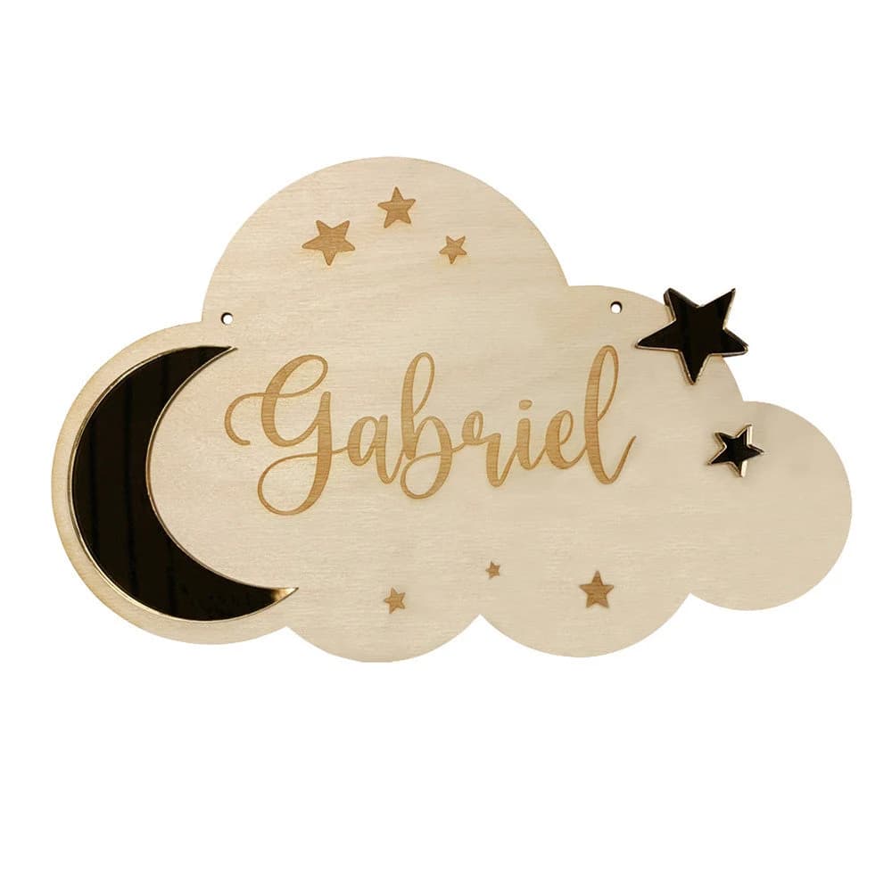 Plaque de porte nuage avec prénom personnalisable en bois et miroir or. Plaque prénom pour chambre bébé. Cadeau naissance original.