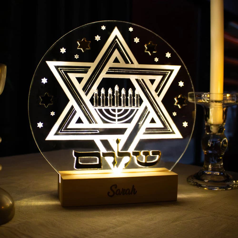 Veilleuse Shalom LED Gravure Juive.Lampe Menorah Personnalisable.Veilleuse Étoile De David Acrylique.Lampe De Chevet Shalom Symbole Judaïque - image 2