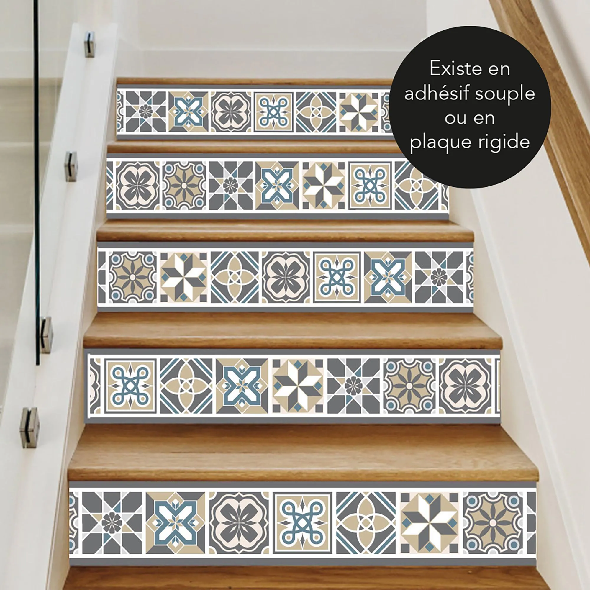 Contremarches autocollantes imitation carreaux de ciment - Lot de 4 contremarches escalier. Contremarches motifs anciens en adhésif ou PVC