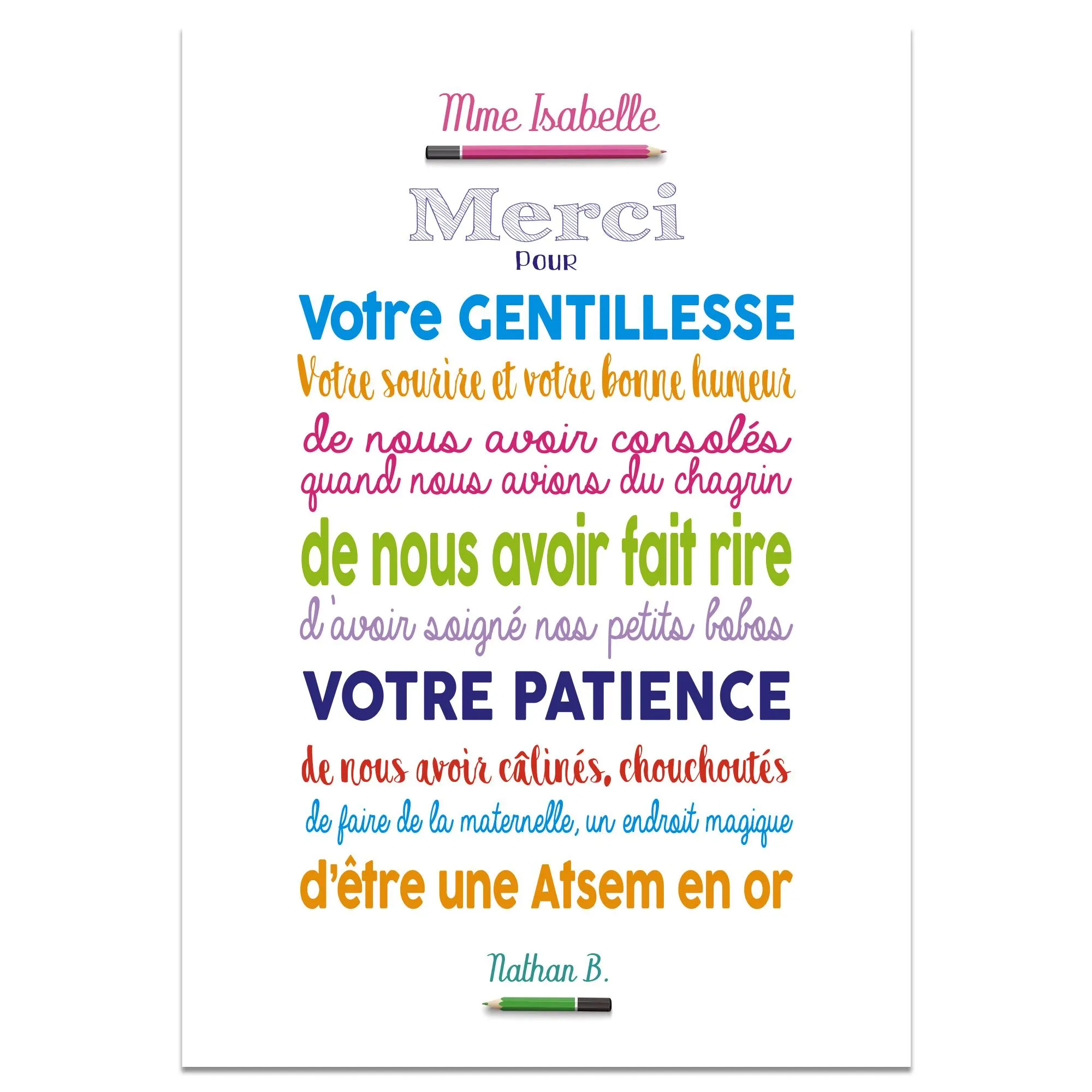 Poster Merci Atsem personnalisable, Affiche ATSEM en Or avec prénom, Cadeau école personnalisé fin d'année scolaire