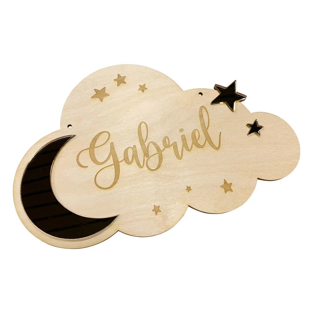 Plaque de porte nuage avec prénom personnalisable en bois et miroir or. Plaque prénom pour chambre bébé. Cadeau naissance original. - image 5