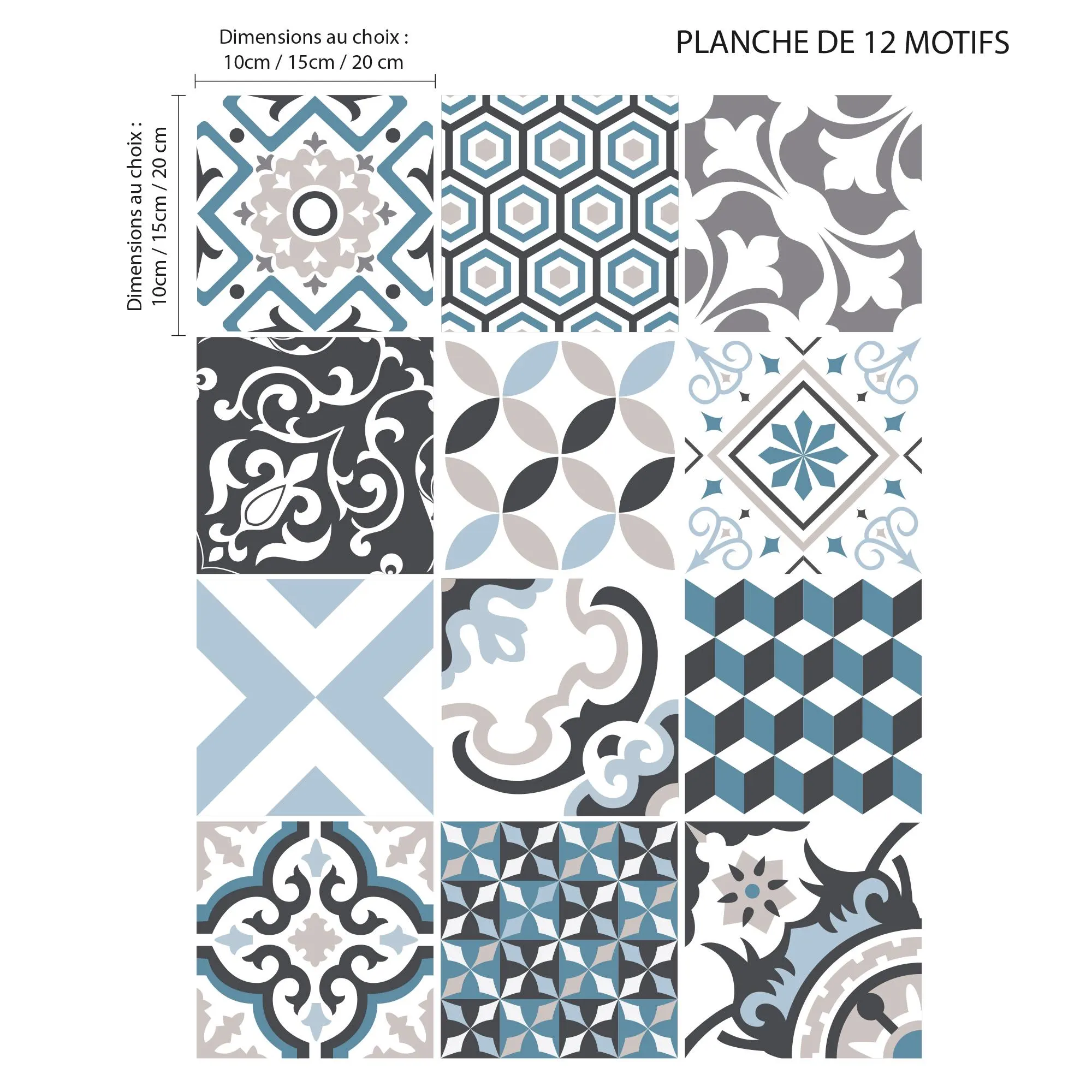 Planche 12 carreaux de ciment autocollants, Stickers carrelage imitation carreaux de ciment, adhésif vintage pour carrelage - image 3