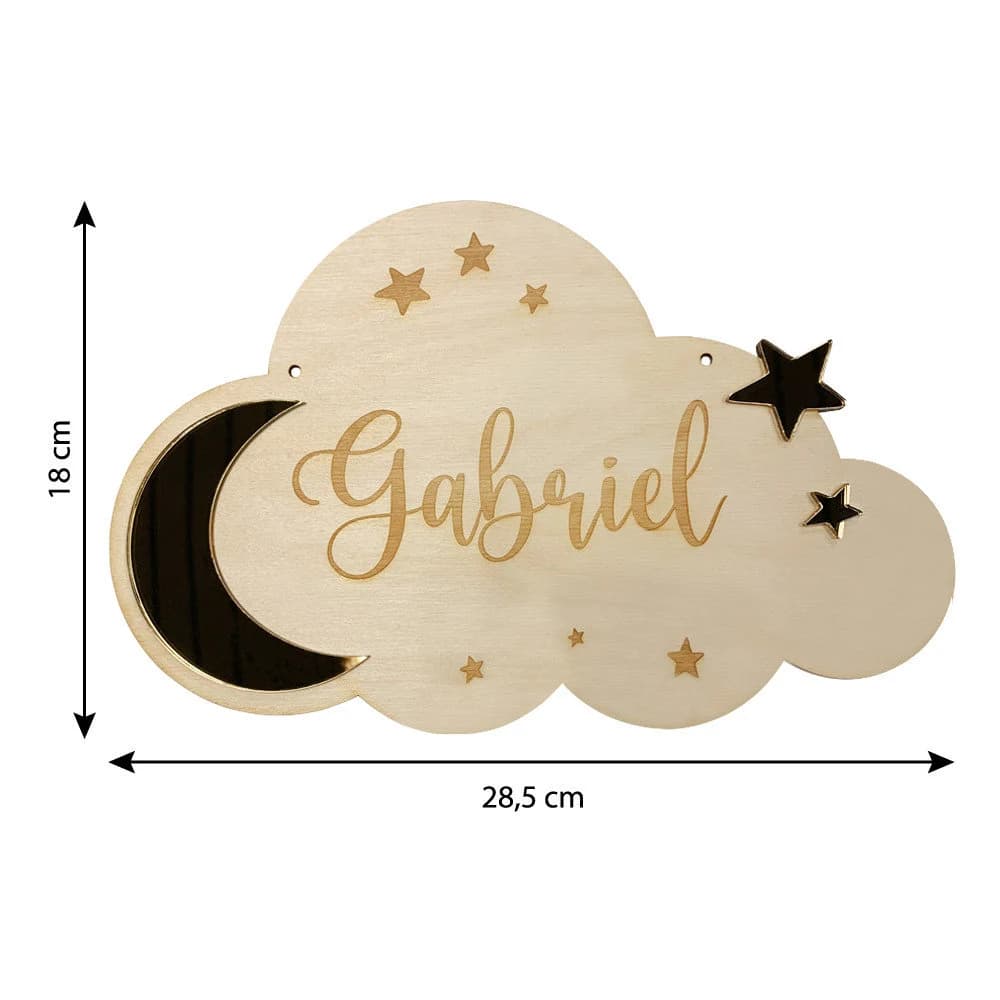 Plaque de porte nuage avec prénom personnalisable en bois et miroir or. Plaque prénom pour chambre bébé. Cadeau naissance original. - image 3
