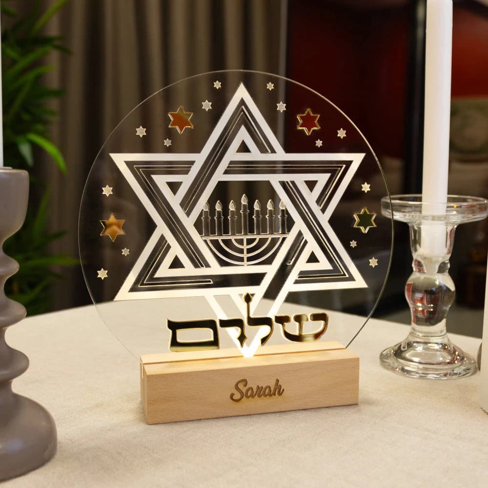Veilleuse Shalom LED Gravure Juive.Lampe Menorah Personnalisable.Veilleuse Étoile De David Acrylique.Lampe De Chevet Shalom Symbole Judaïque