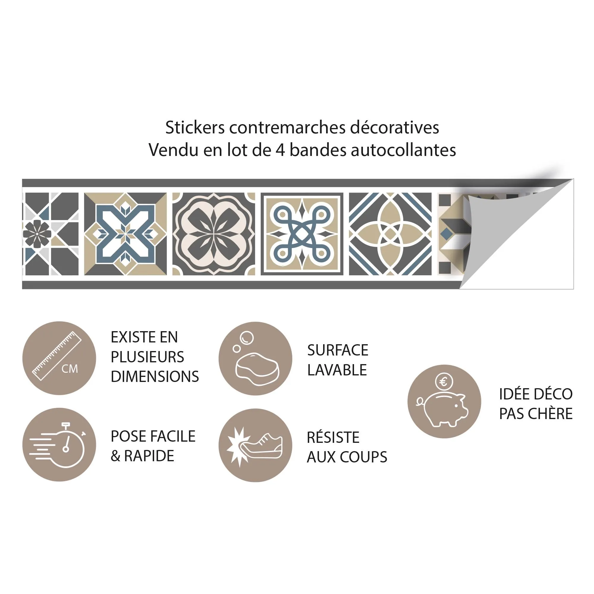 Contremarches autocollantes imitation carreaux de ciment - Lot de 4 contremarches escalier. Contremarches motifs anciens en adhésif ou PVC - image 3