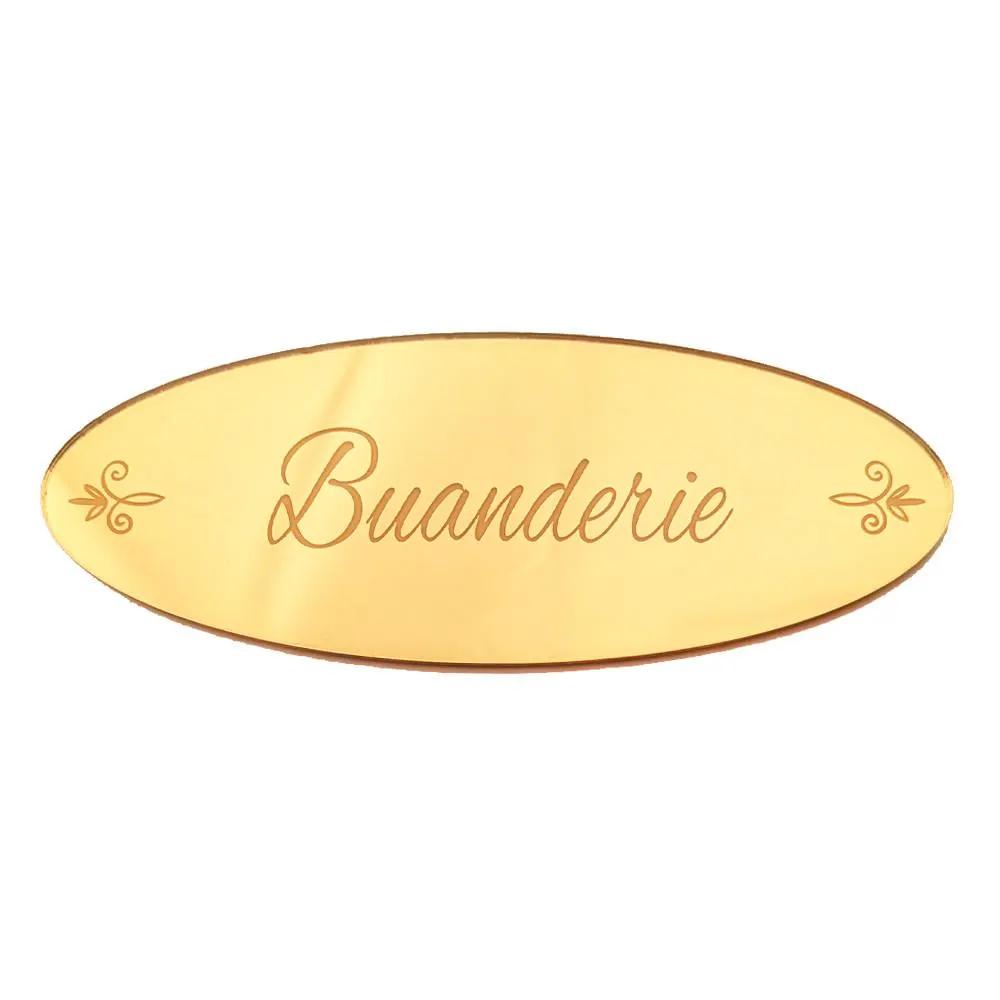 Plaque de porte buanderie en miroir or, plaque gravée chic et élégante avec double-face