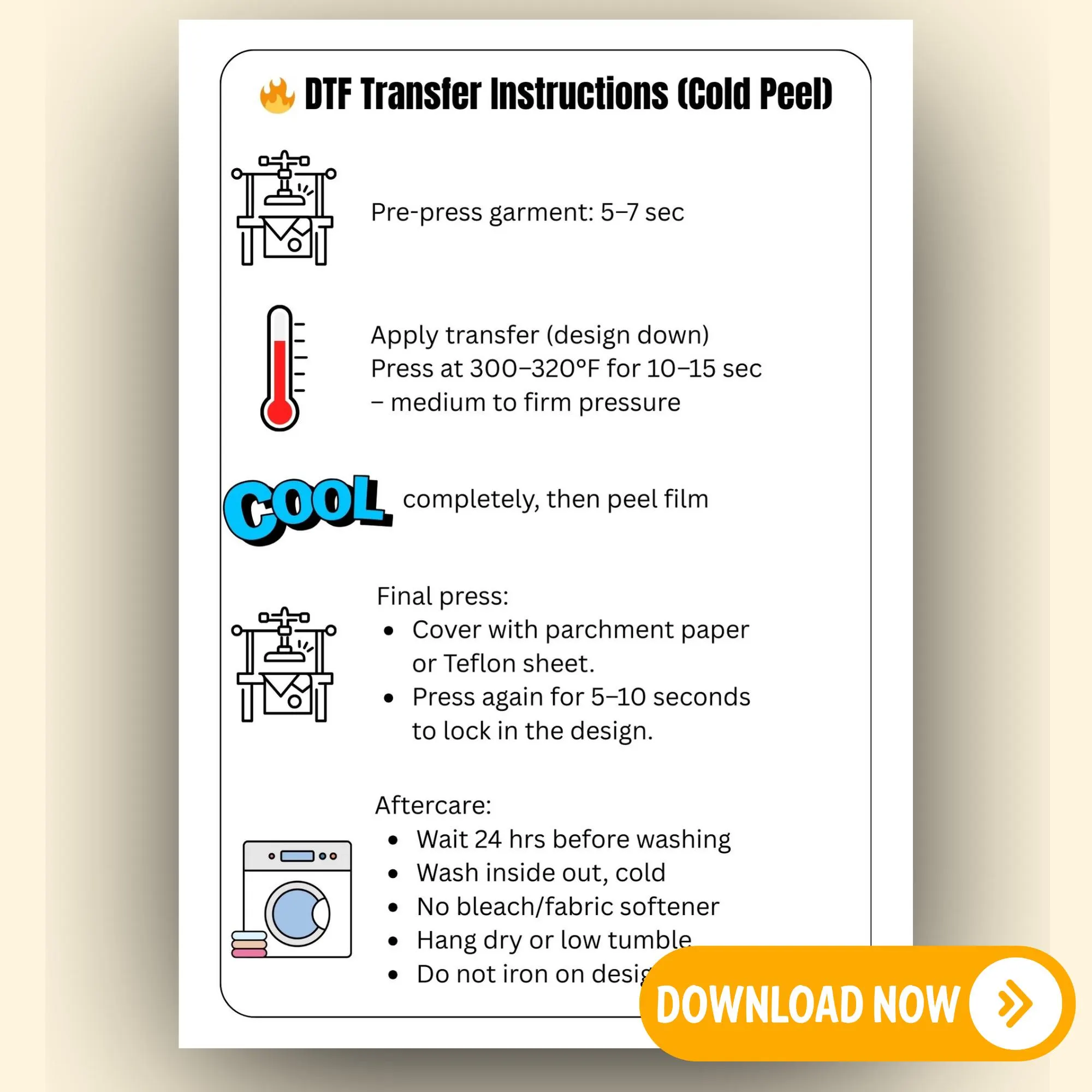 DTF Transfer Care Instructions Card: Printable PNG, JPG (Digital Download)
