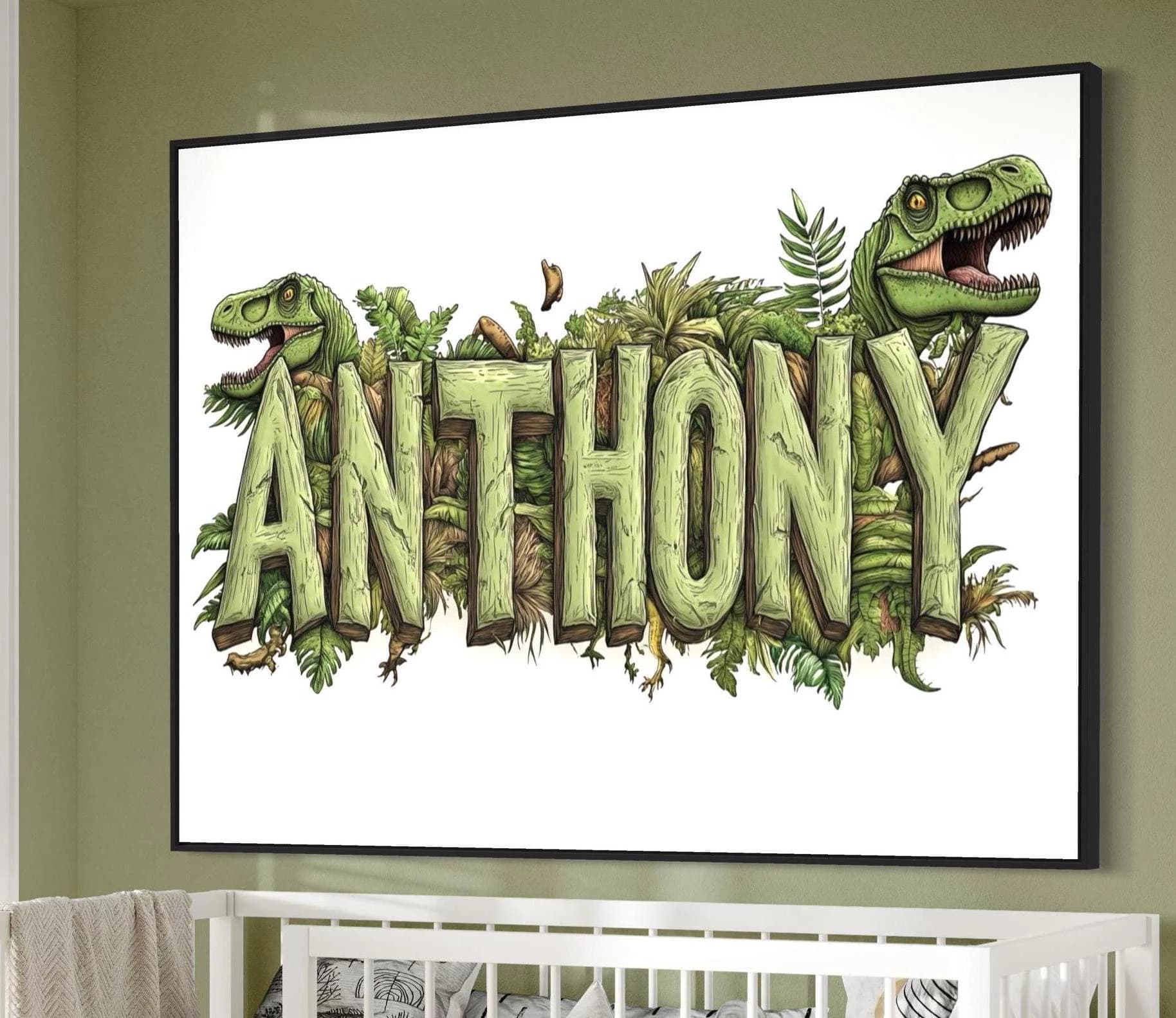 Personalized Dinosaur Name Sign - Custom T-Rex Wall Art - Jungle Theme Kids Room Decor - Boys Bedroom Sign - Gift for Dinosaur Lover