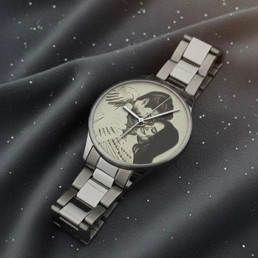 Personalized Photo Watch with Silver Plate, Custom Engraved Picture Watch for Men, Unique Valentine's Day Gift for Husband, Anniversary Gift