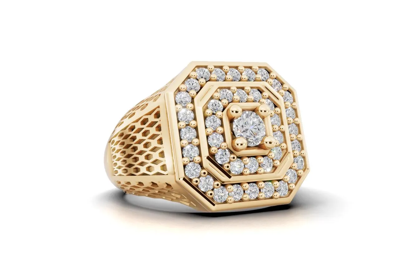 Mens Iced Out Octagon Ring, Full Diamond Signet Ring for Men, Gold Honeycomb Mesh Statement Ring, Hip Hop Bling Jewelry, Gift for Him