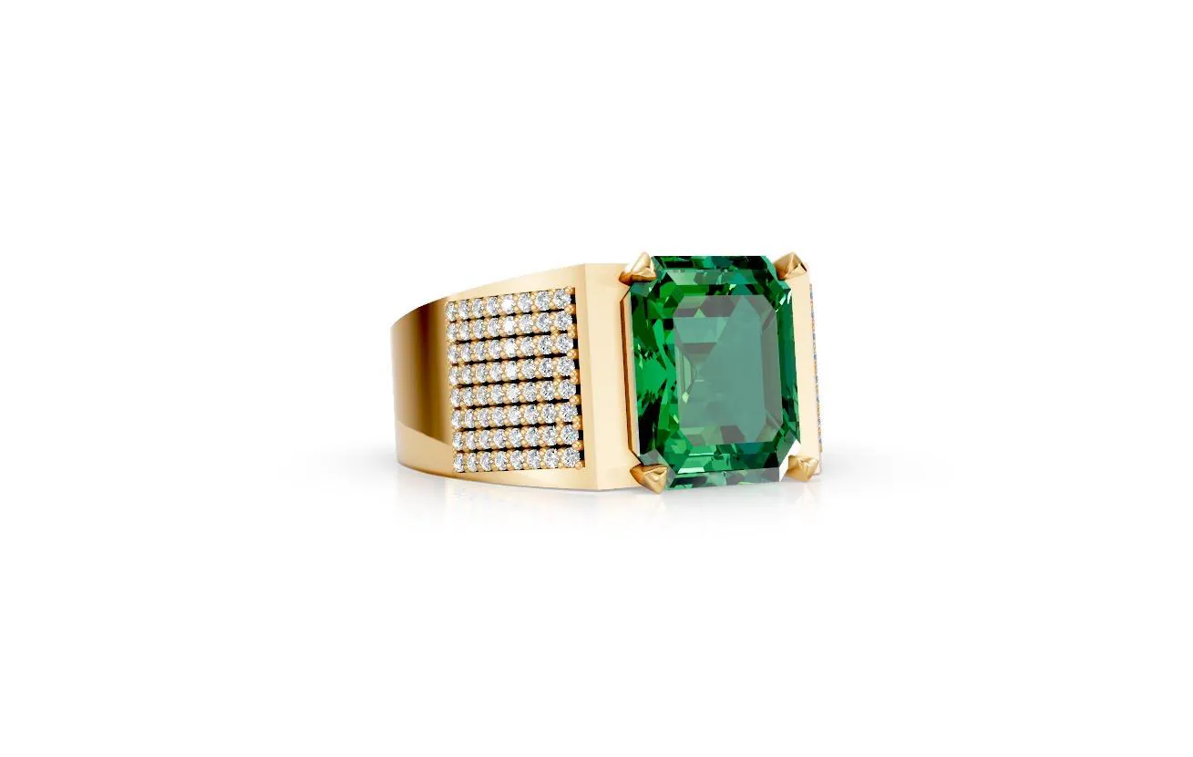 Emerald Cut Blue Sapphire Men Ring, Gold Signet Ring for Men, Iced Out Gemstone Statement Ring, Anniversary Gift for Him, Mens Fine Jewelry