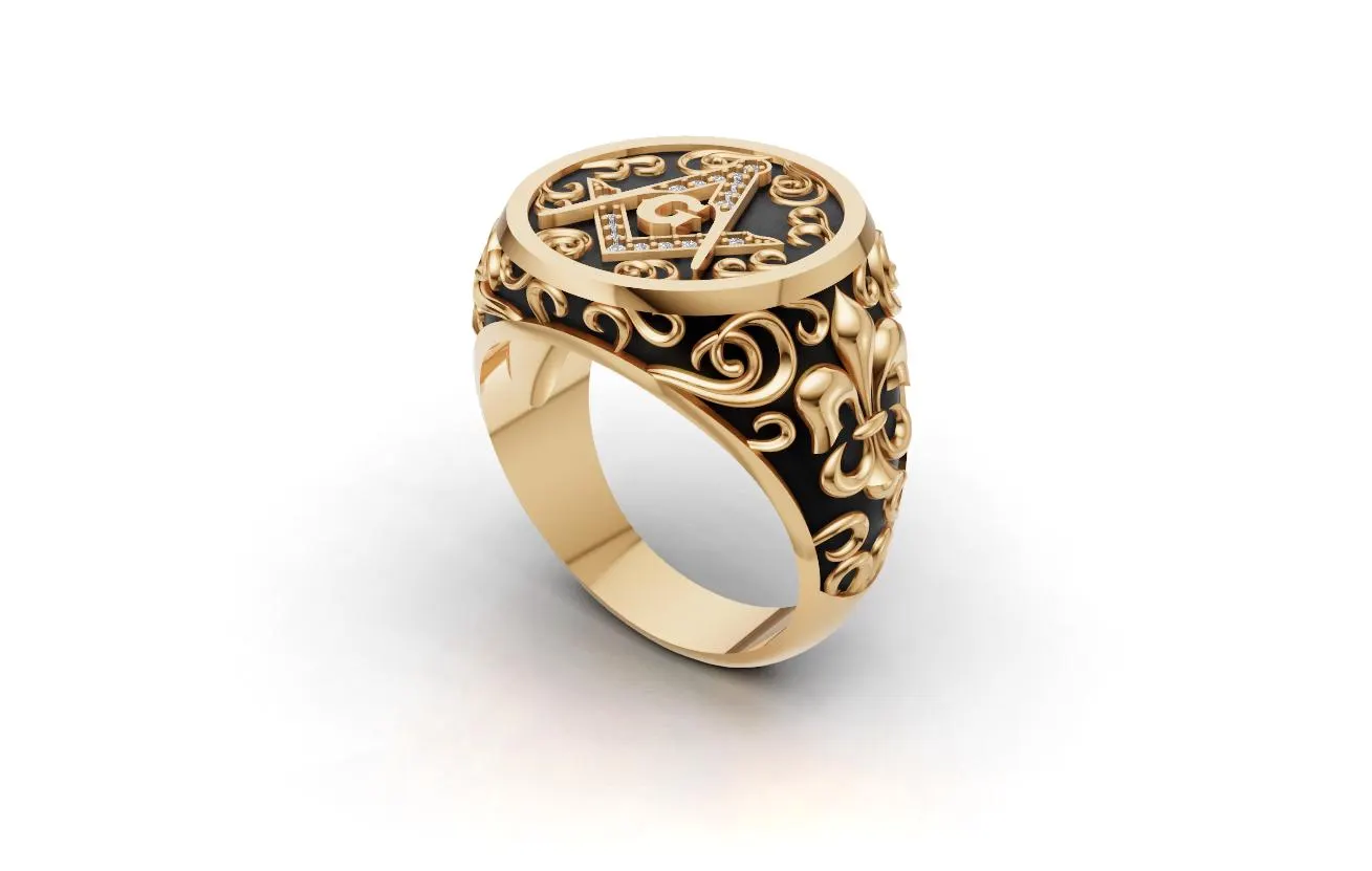 Gold Masonic Signet Ring, Freemason Compass and Square Mens Ring, Black Enamel Filigree Fleur De Lis Ring, Custom Mason Jewelry Master Gift - image 4