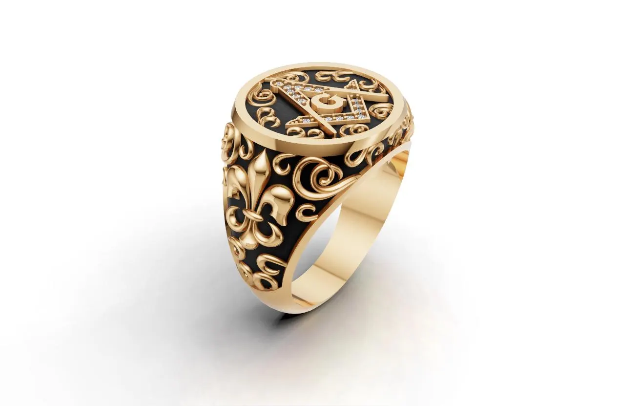 Gold Masonic Signet Ring, Freemason Compass and Square Mens Ring, Black Enamel Filigree Fleur De Lis Ring, Custom Mason Jewelry Master Gift - image 3