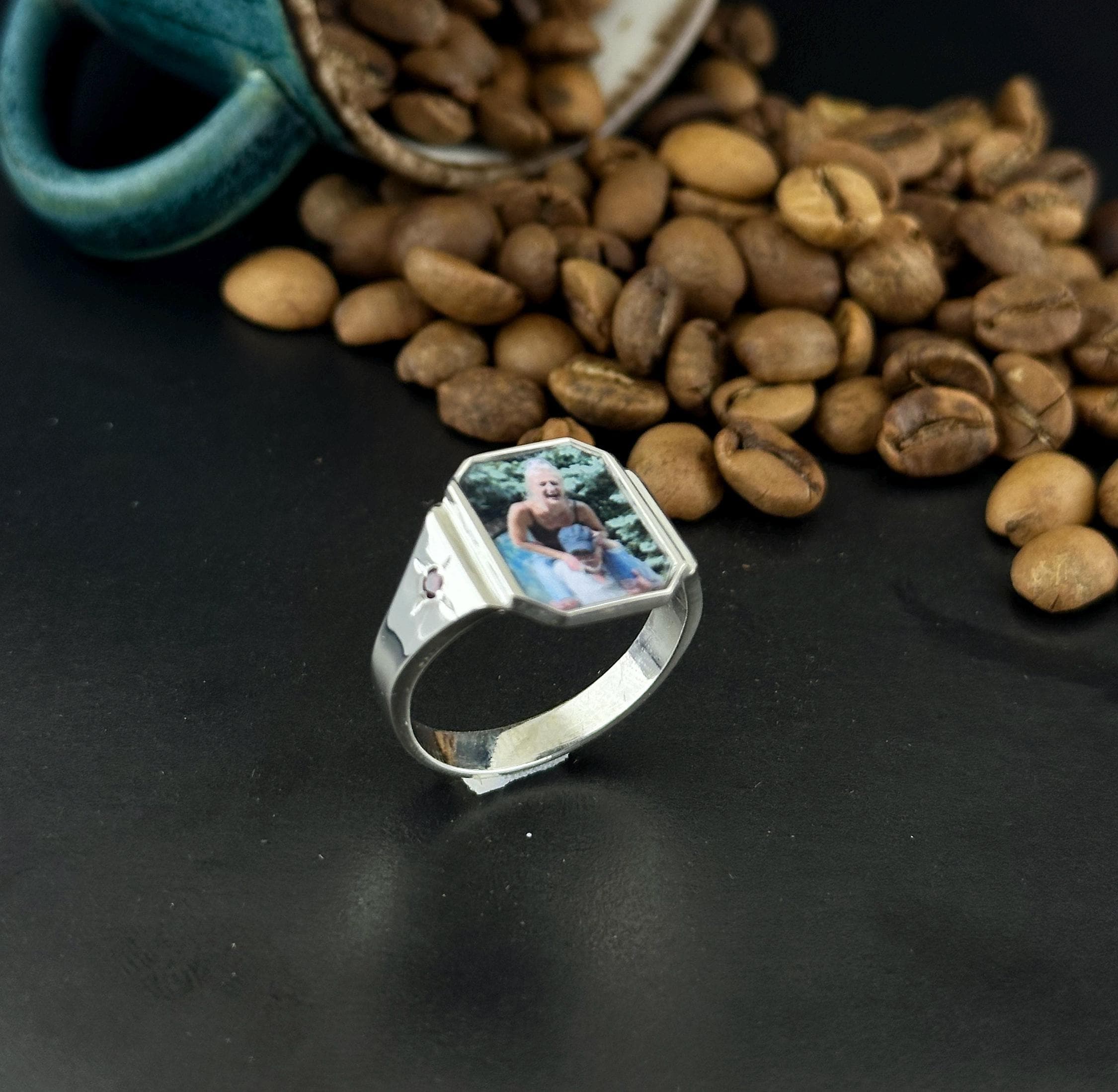 Memorial photo ring, Photo ring,Ring with birthstone, Special gift