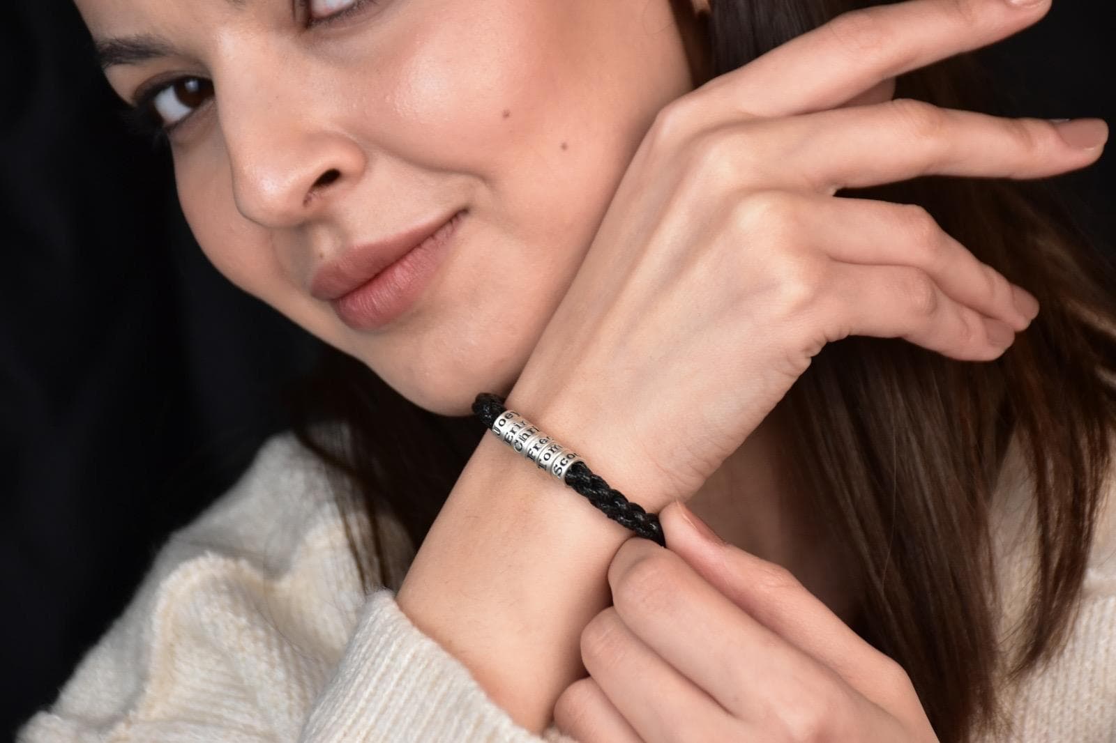 Personalized Braided Bracelet with Custom Silver Beads – Engraved Names & Symbols – Adjustable Handmade Gift, Adjustable Bracelet for Women - image 5