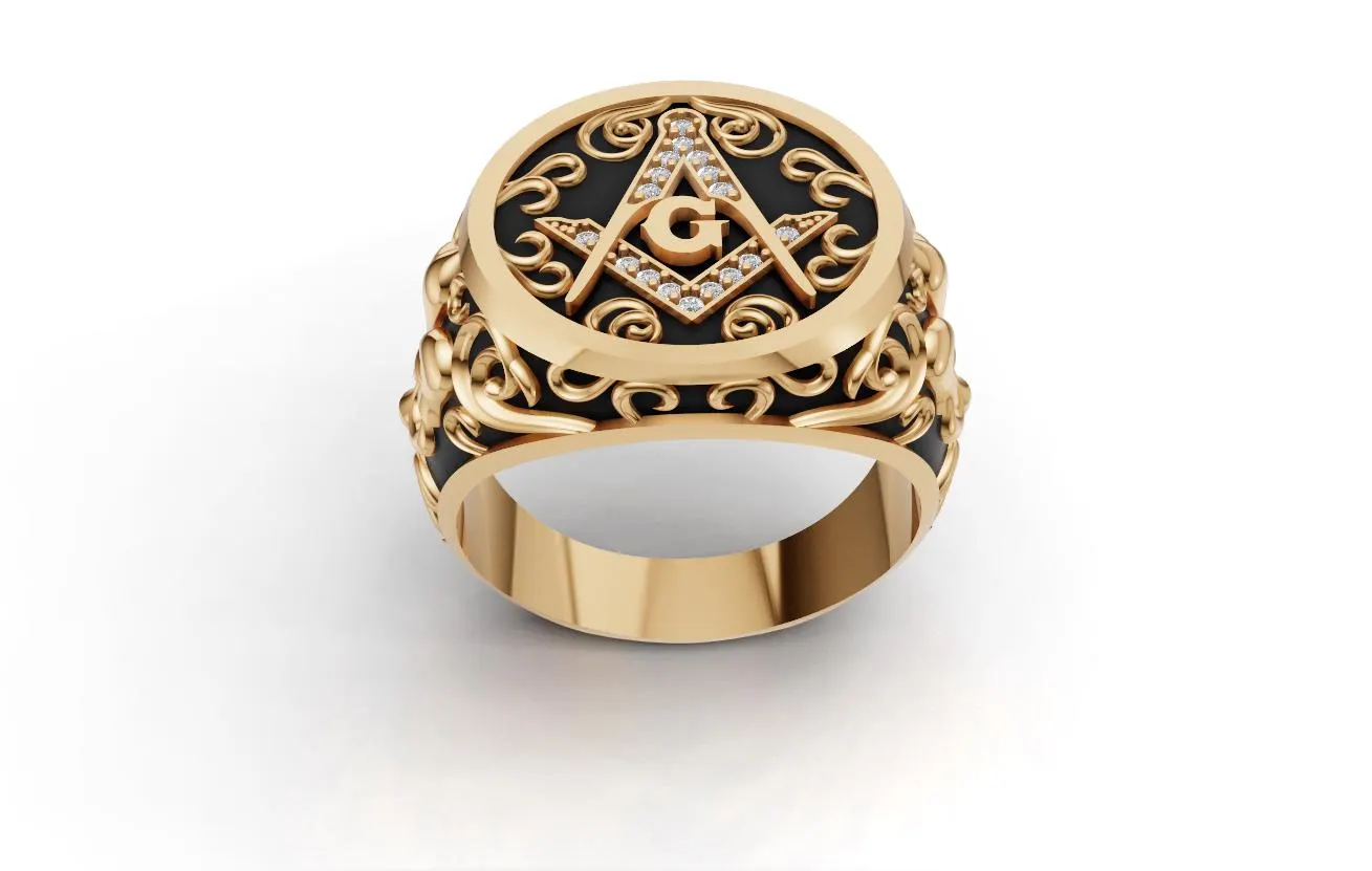 Gold Masonic Signet Ring, Freemason Compass and Square Mens Ring, Black Enamel Filigree Fleur De Lis Ring, Custom Mason Jewelry Master Gift - image 5