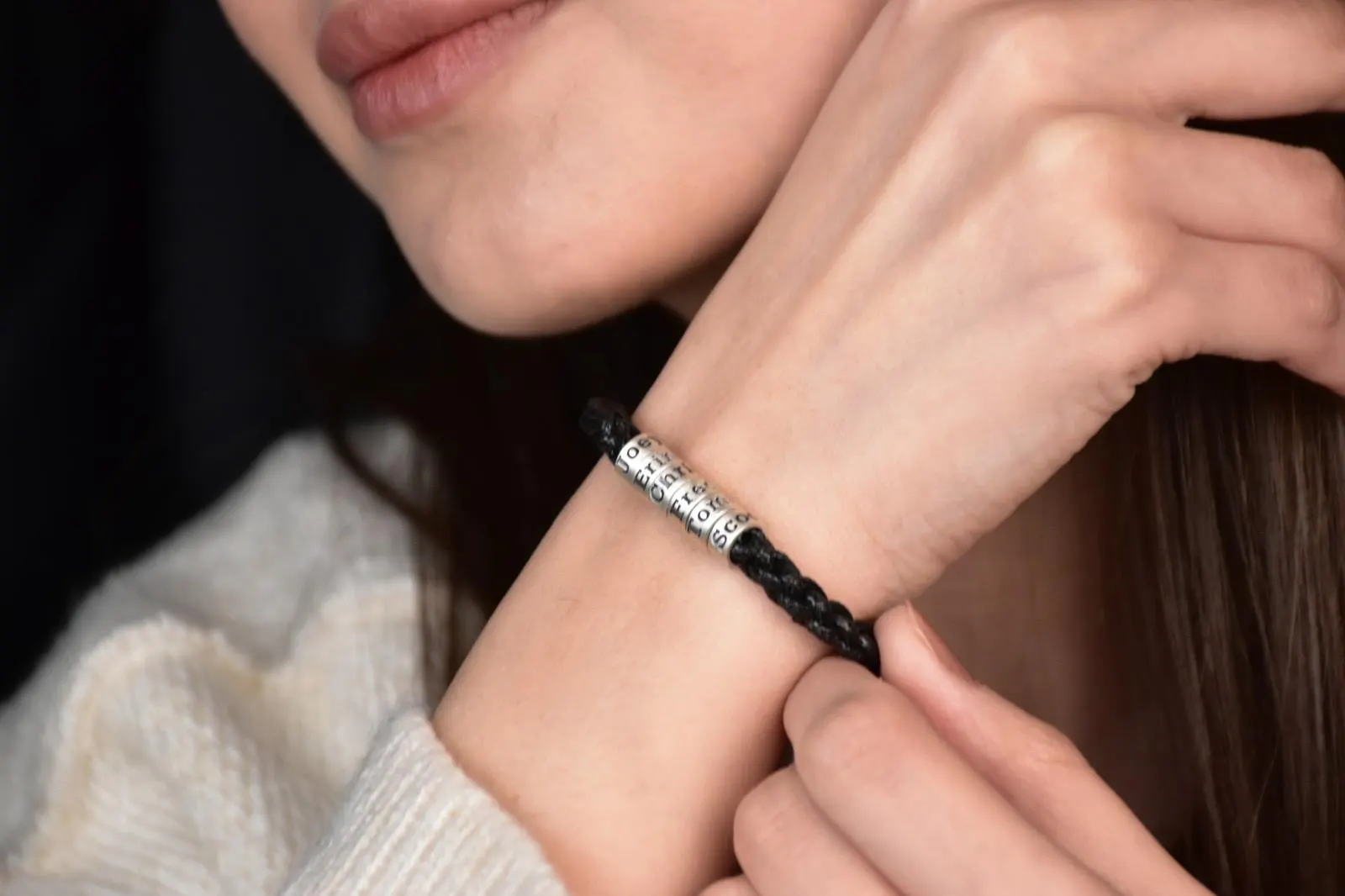 Personalized Braided Bracelet with Custom Silver Beads – Engraved Names & Symbols – Adjustable Handmade Gift, Adjustable Bracelet for Women - image 3