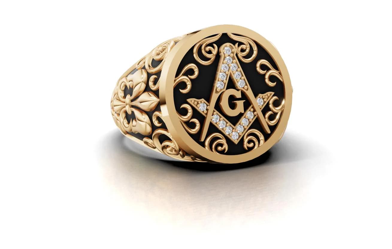 Gold Masonic Signet Ring, Freemason Compass and Square Mens Ring, Black Enamel Filigree Fleur De Lis Ring, Custom Mason Jewelry Master Gift