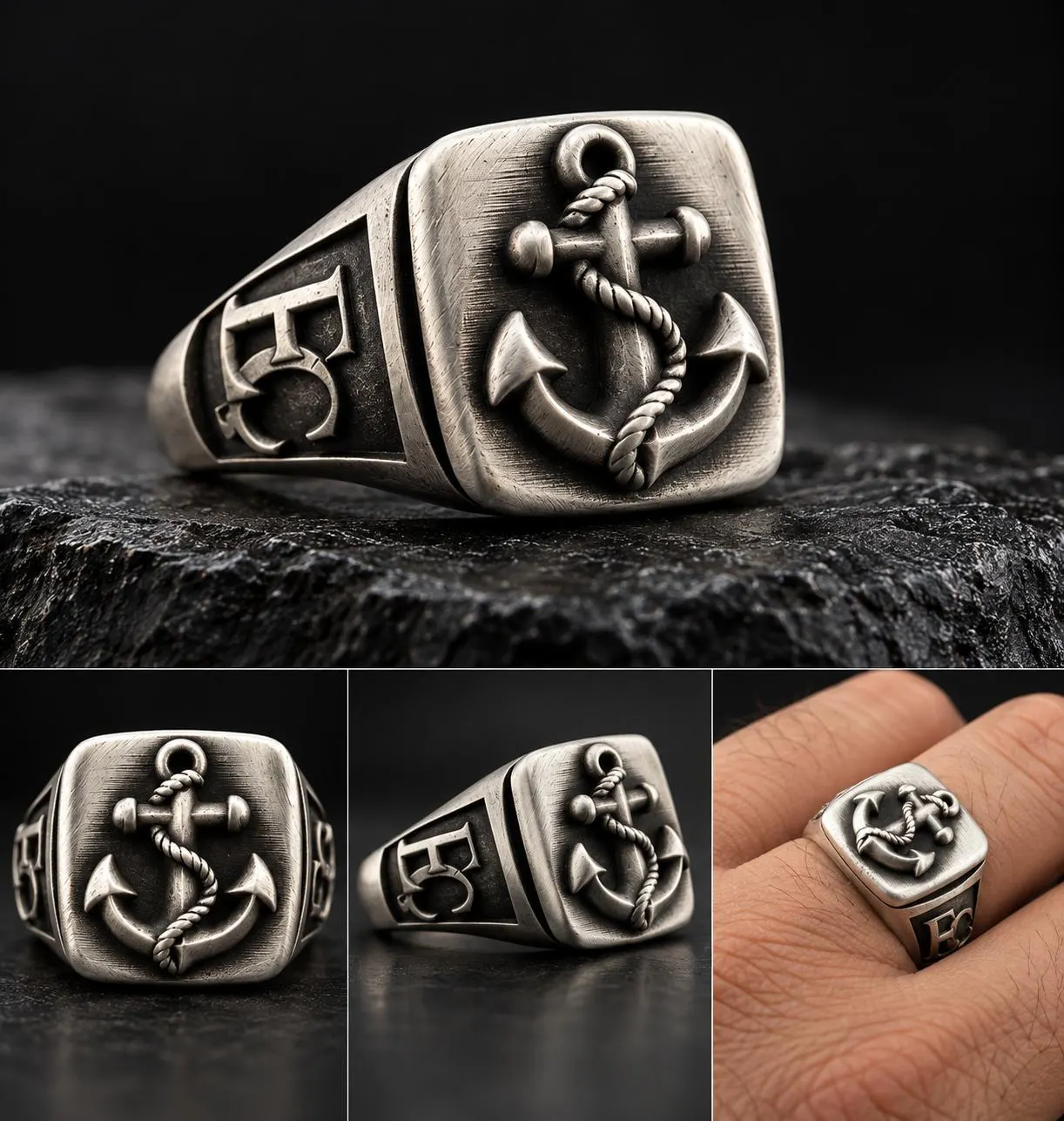 Custom Anchor Signet Ring for Men, Personalized Initial Silver Ring, Monogram Nautical Sailor Ring, Custom Navy Sailor Gift, Gift for Him