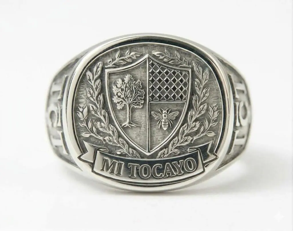 Custom Coat of Arms Signet Ring, Personalized Family Crest Silver Ring for Men, Engraved "Mi Tocayo" Tree and Bee Ring