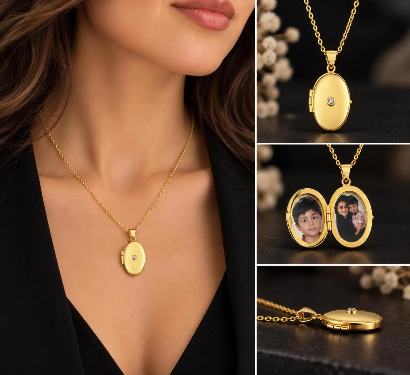 Personalized Oval Photo Locket Necklace with Stone, Custom Picture Pendant, Gold Locket Necklace with Photo, Keepsake Gift for Her, Mom Gift