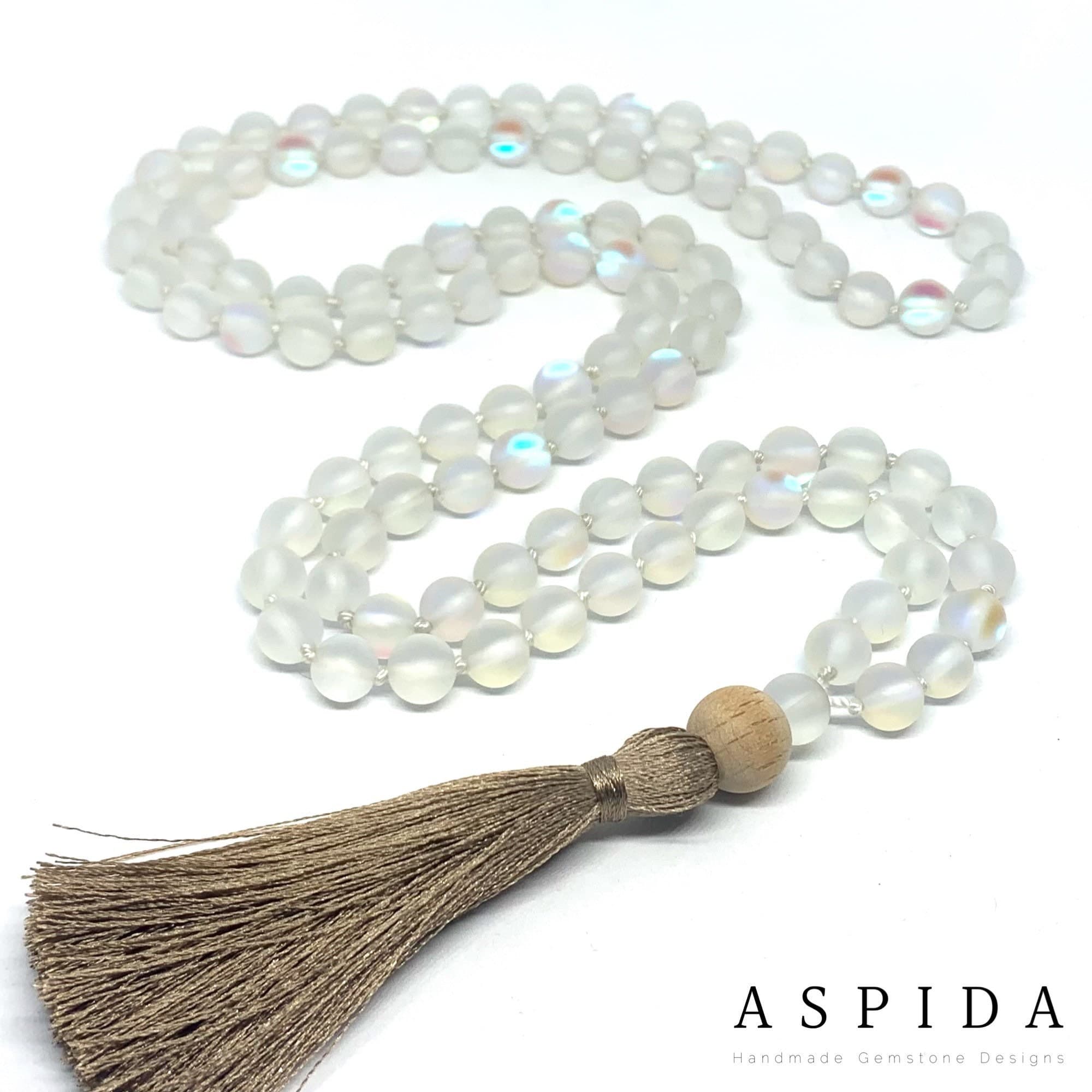 Real Matt Aura Quartz Gemstone Mala Healing Necklace, Hand Knotted 108 Mala Beads, 108 Mala Beads, Tassel Necklace, Mala, Meditation Mala