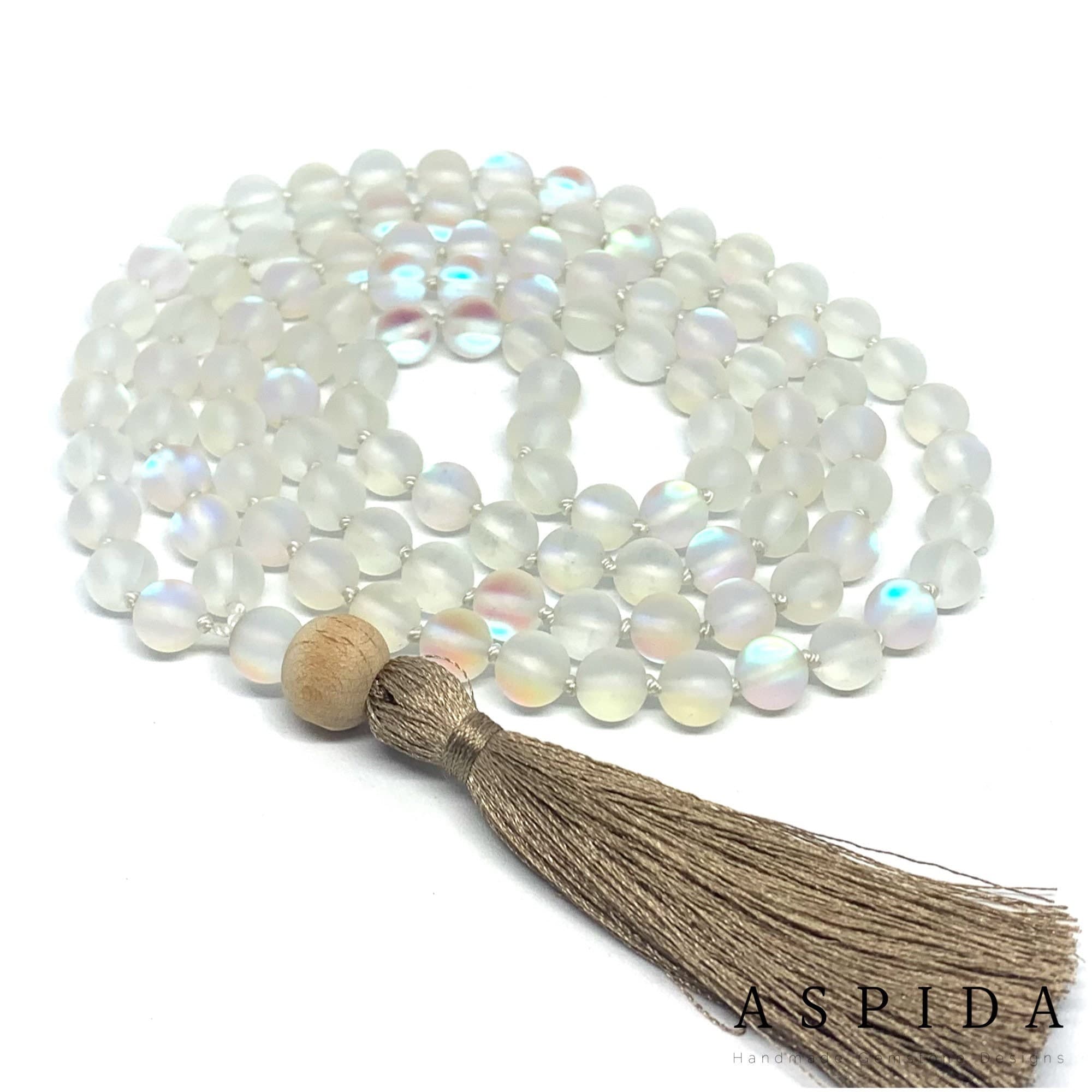 Real Matt Aura Quartz Gemstone Mala Healing Necklace, Hand Knotted 108 Mala Beads, 108 Mala Beads, Tassel Necklace, Mala, Meditation Mala - image 4