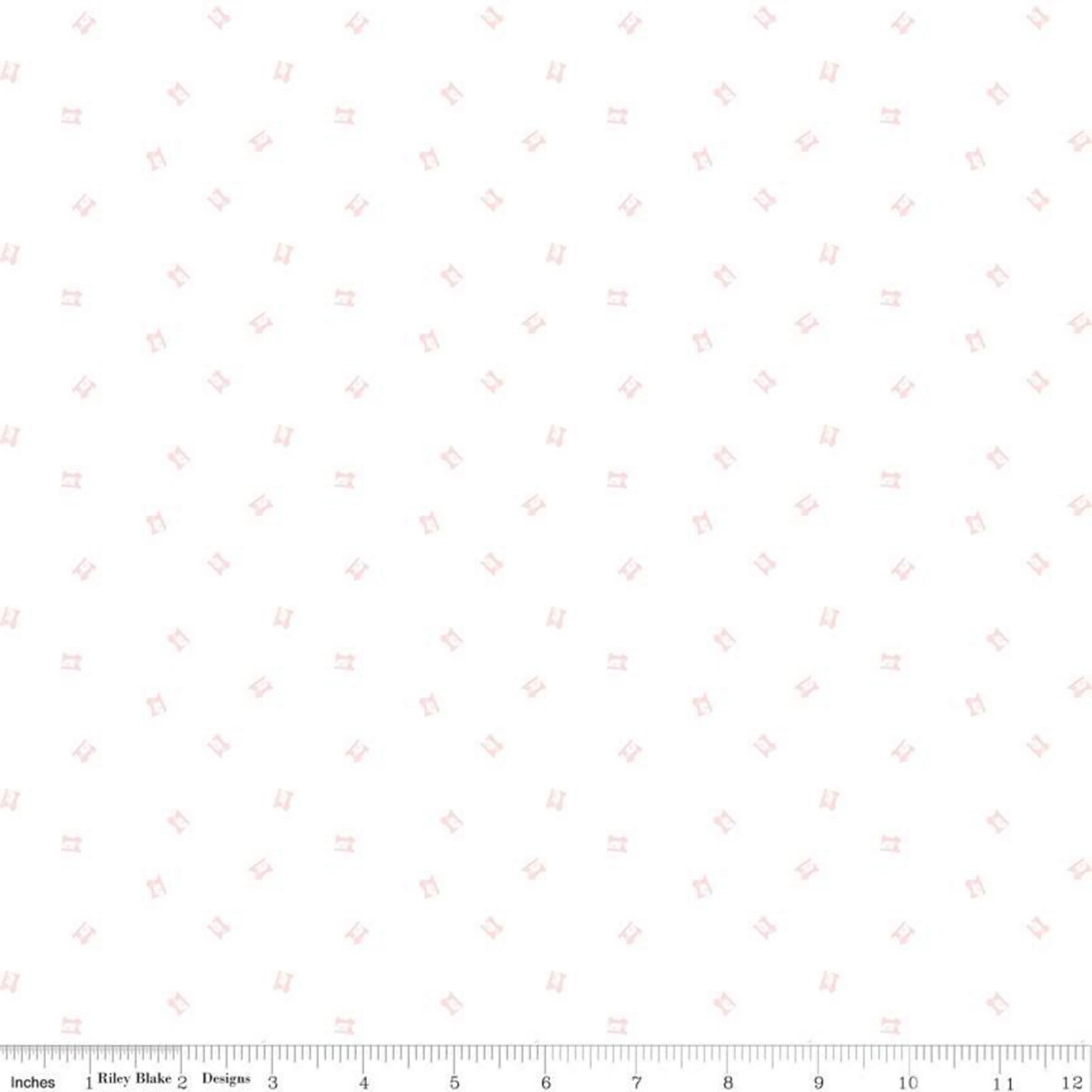 QUILT FAIR - Tiny Pink Vintage Sewing Machine on White Fabric - Tasha Noel - Riley Blake Designs - Quilting Fabric - C11354-Pink