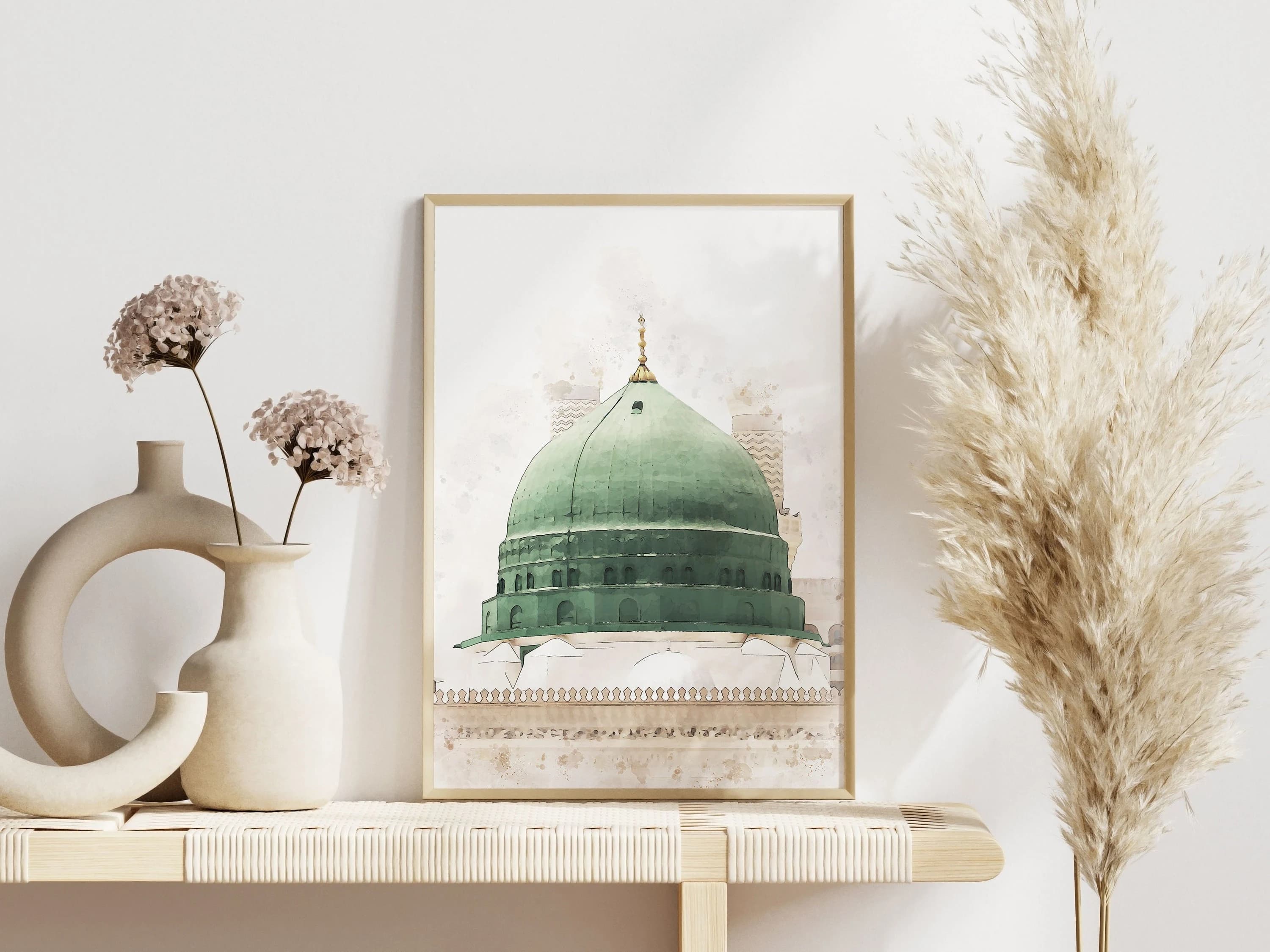 Masjid an-Nabawi Islamic Wall Art - Mecca Medina Painting - Printable Watercolor Wall Decor -  Boho Islamic Poster Print - Digital Painting