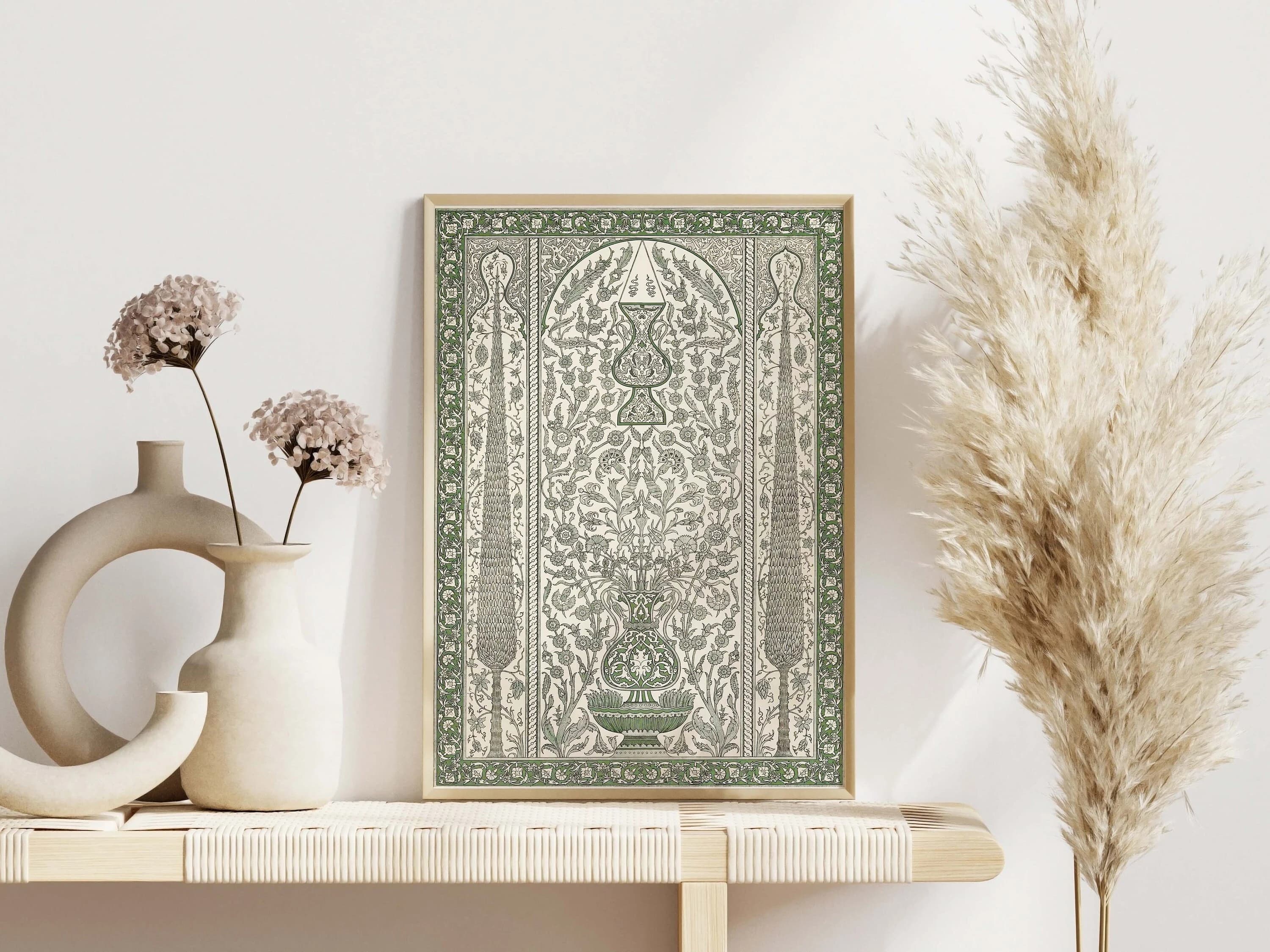 Green Floral Geometric Pattern Wall Art, Boho Islamic Art, Islamic Poster Home Decor, Vintage Ramadan Art, Digital Printable, Download