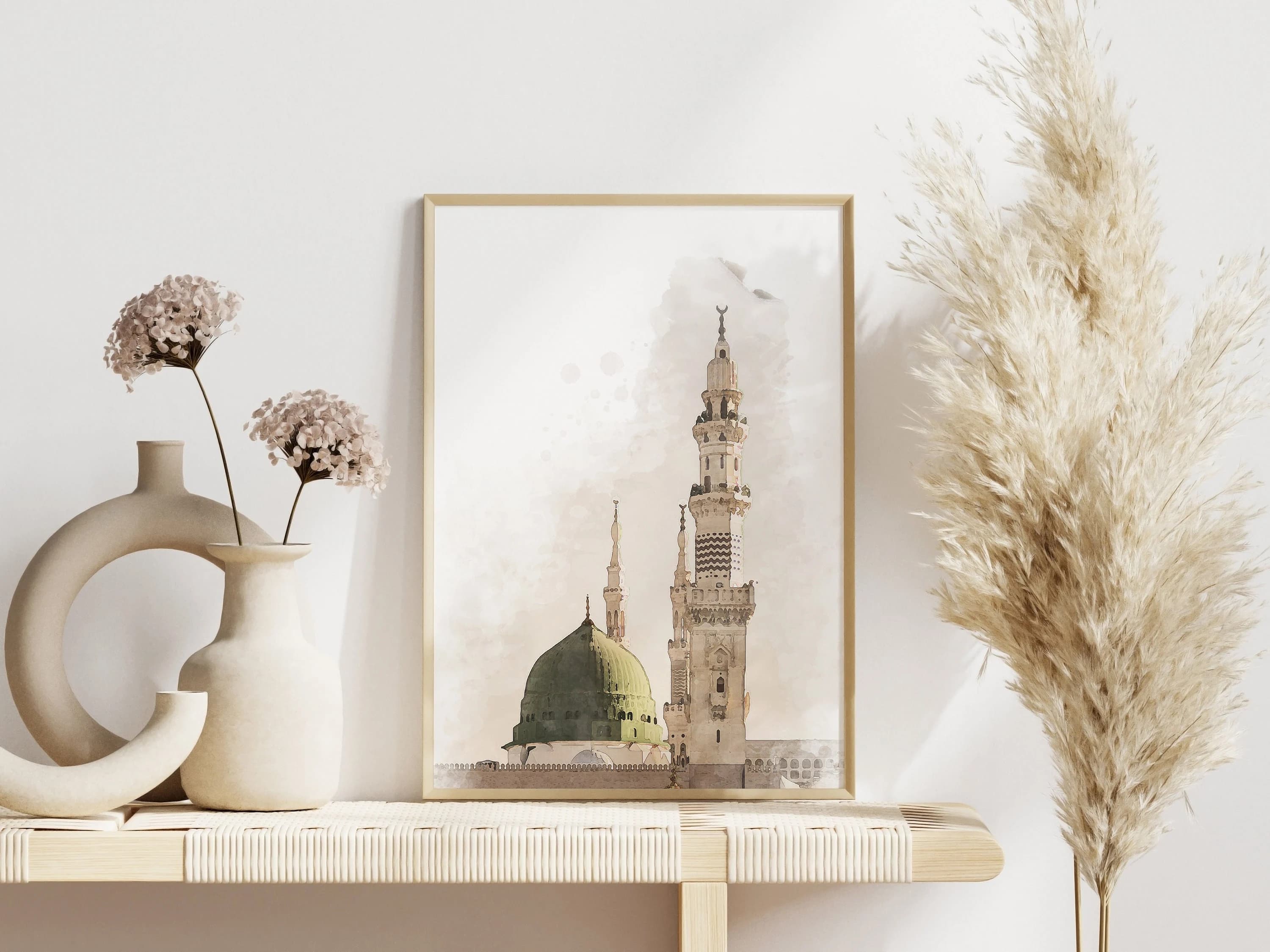 Masjid an-Nabawi Islamic Wall Art - Mecca Medina Painting - Printable Watercolor Wall Decor -  Boho Islamic Poster Print - Digital Painting