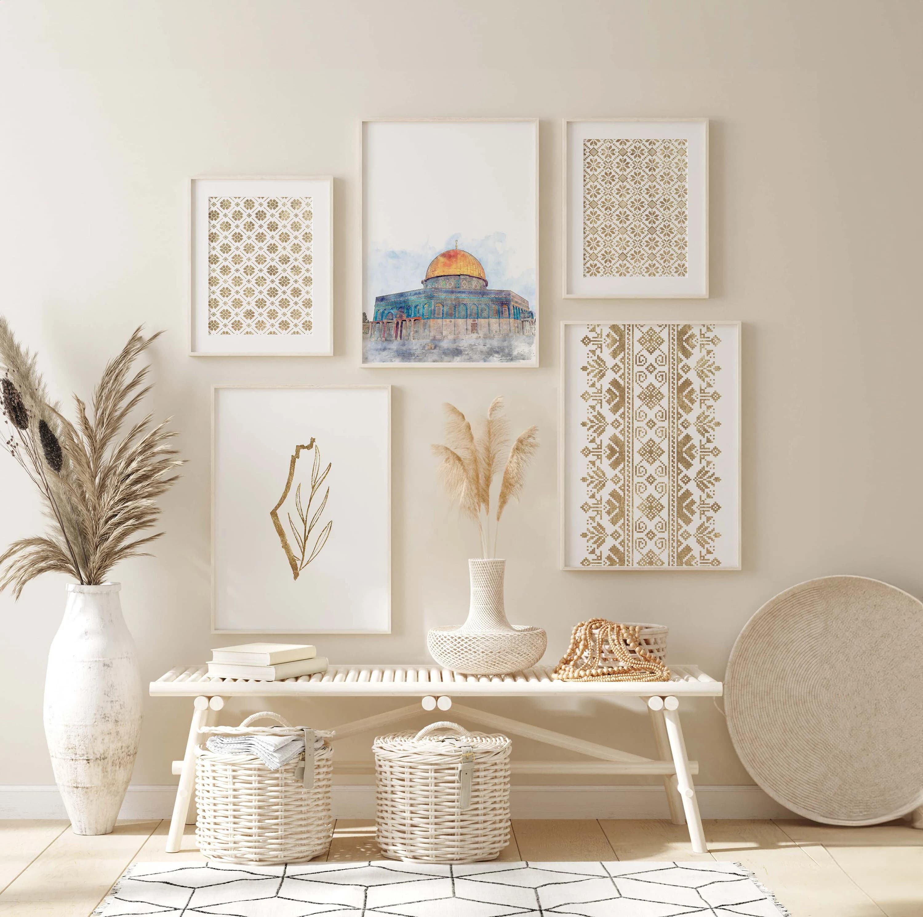 Palestine Wall Art Set, Palestine Map, Islamic Poster Print, Al Aqsa Painting, Printable Wall Decor, Islamic Geometric Pattern Gold, Digital