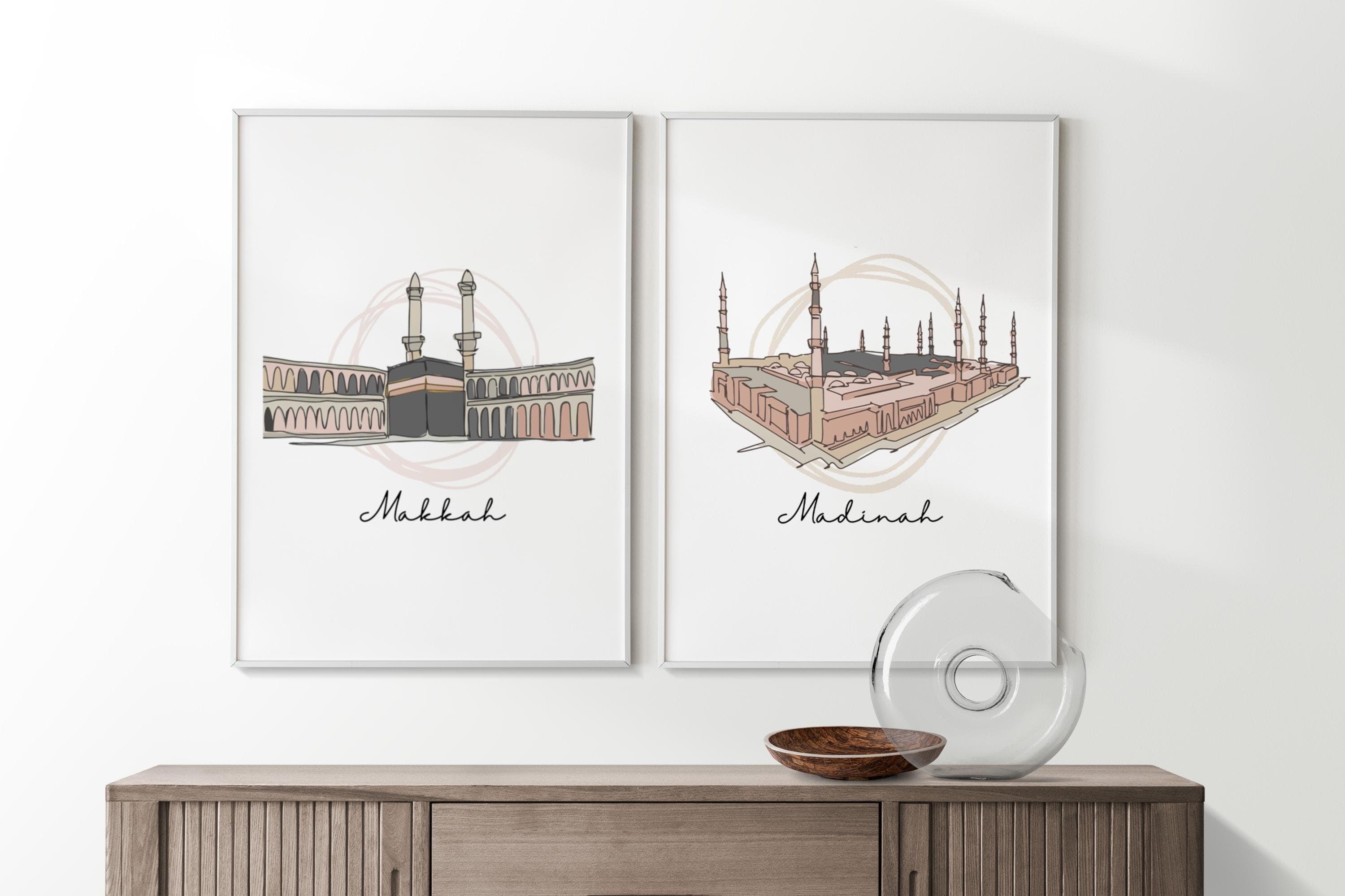 Makkah & Madinah Sketch | Islamic Wall Art Set | Boho Warm Tone Neutral | Haramain Gift