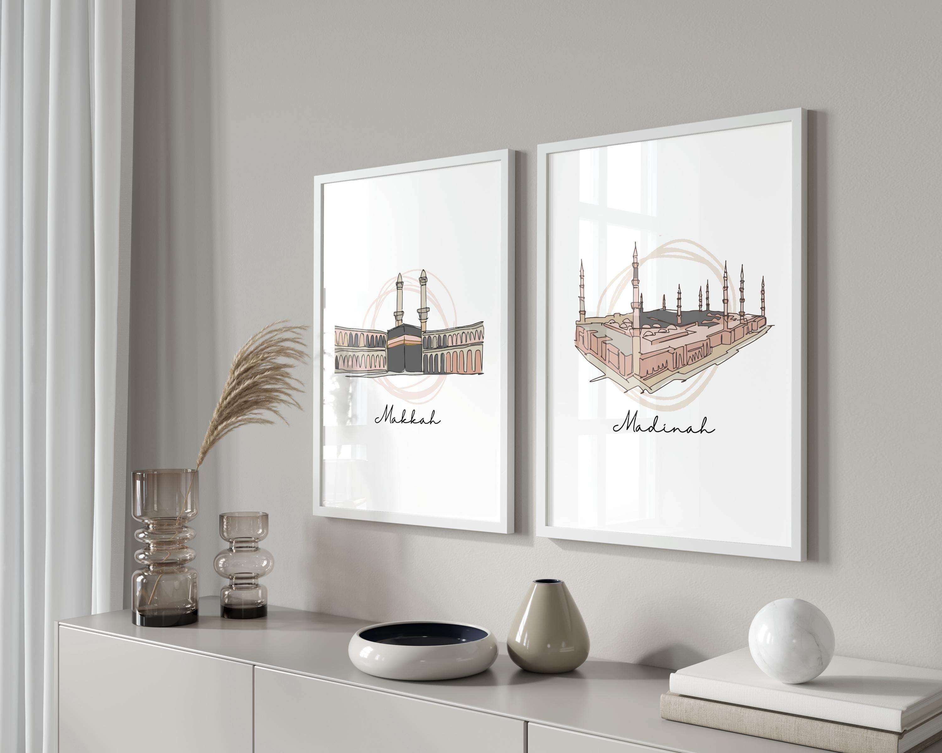 Makkah & Madinah Sketch | Islamic Wall Art Set | Boho Warm Tone Neutral | Haramain Gift - image 3