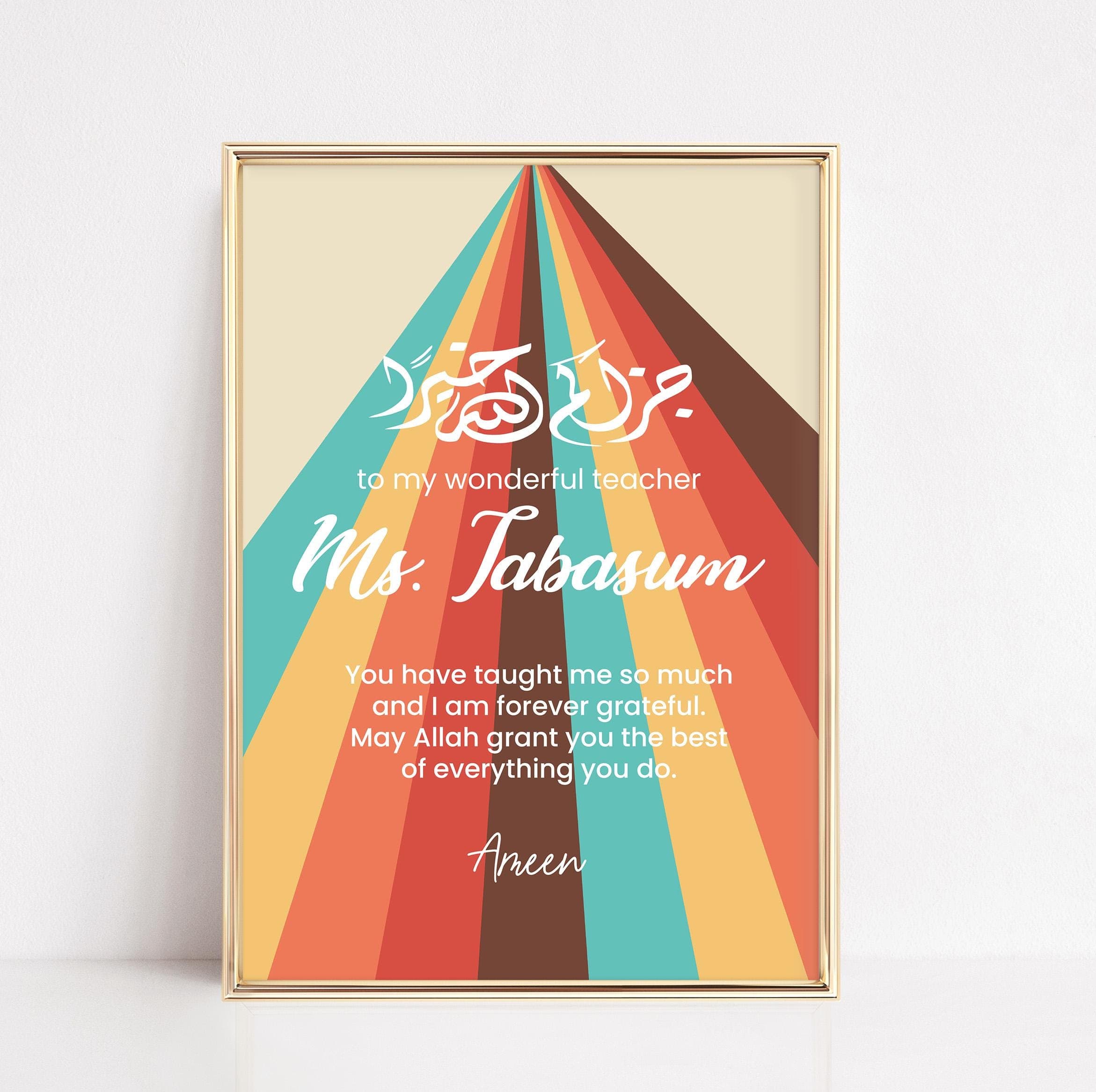 Personalised Islamic Wall Art Gift for Teachers, Arabic Calligraphy Name, Graduation Present