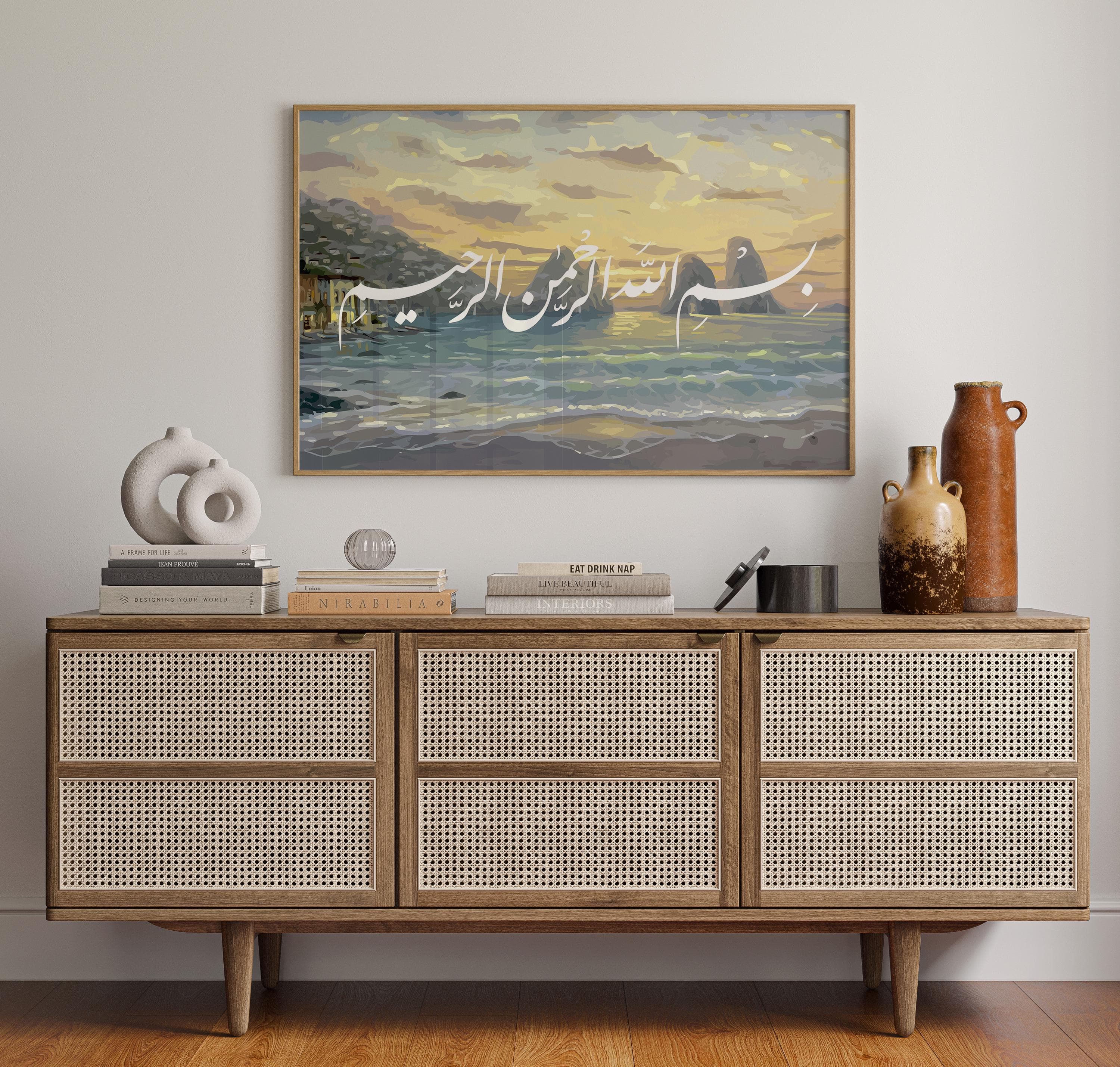 Farsi Bismillah Arabic Calligraphy | Landscape Modern Islamic Art | Watercolour Ocean | Rustic Islamic Gift - image 5