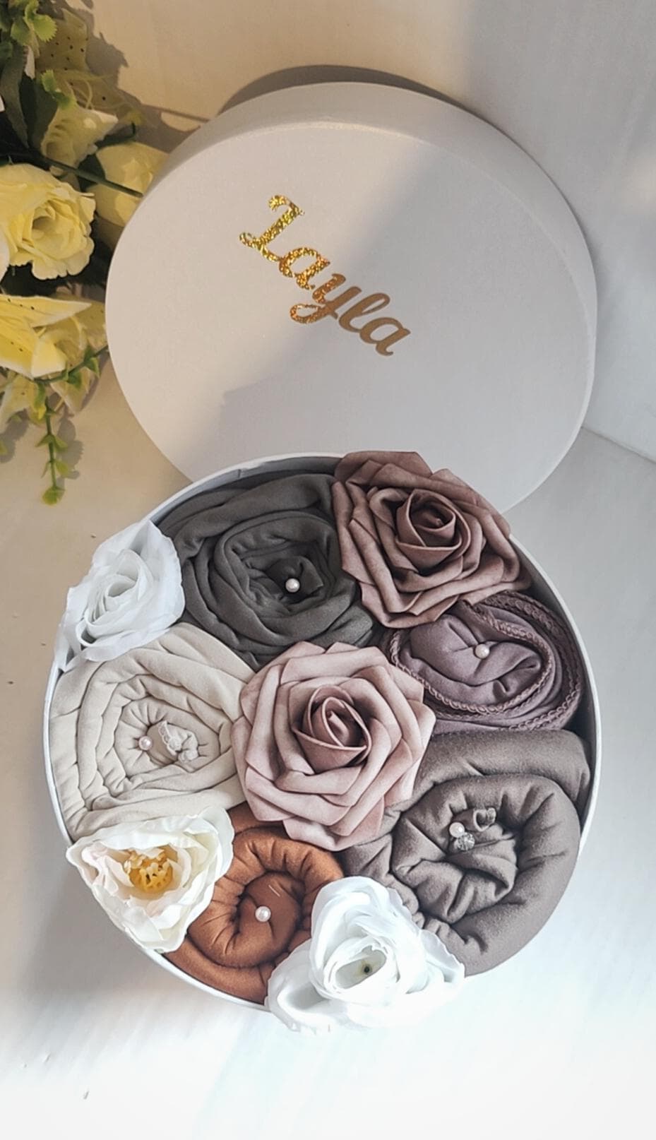 Personalised Rose Hijab Bouquet, 5-Piece Gift Box, Custom Name, Eid & Nikkah Present - image 3