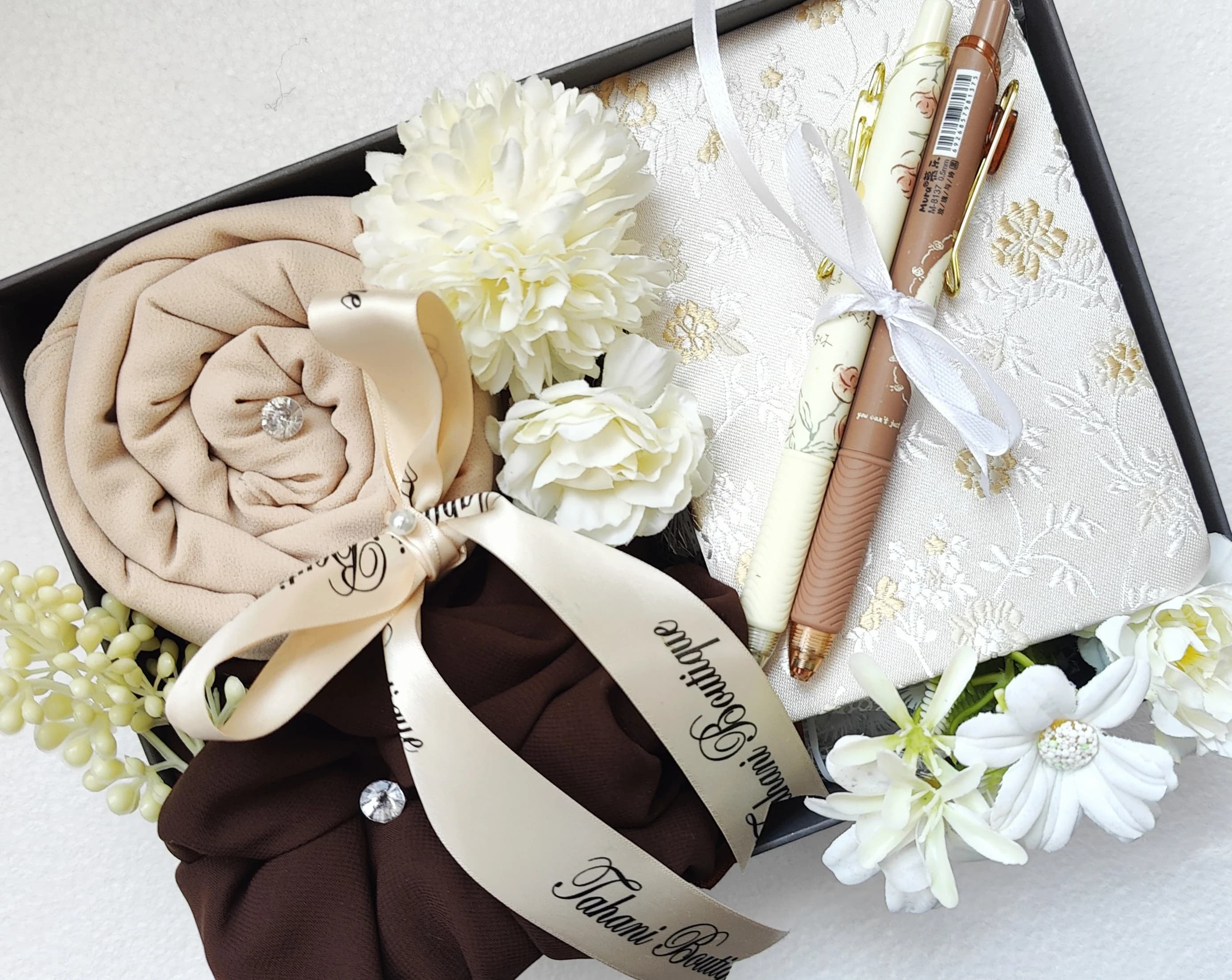 Adorn Collection Hijab & Stationery Gift Box | Floral Notebook, Candle, Pens