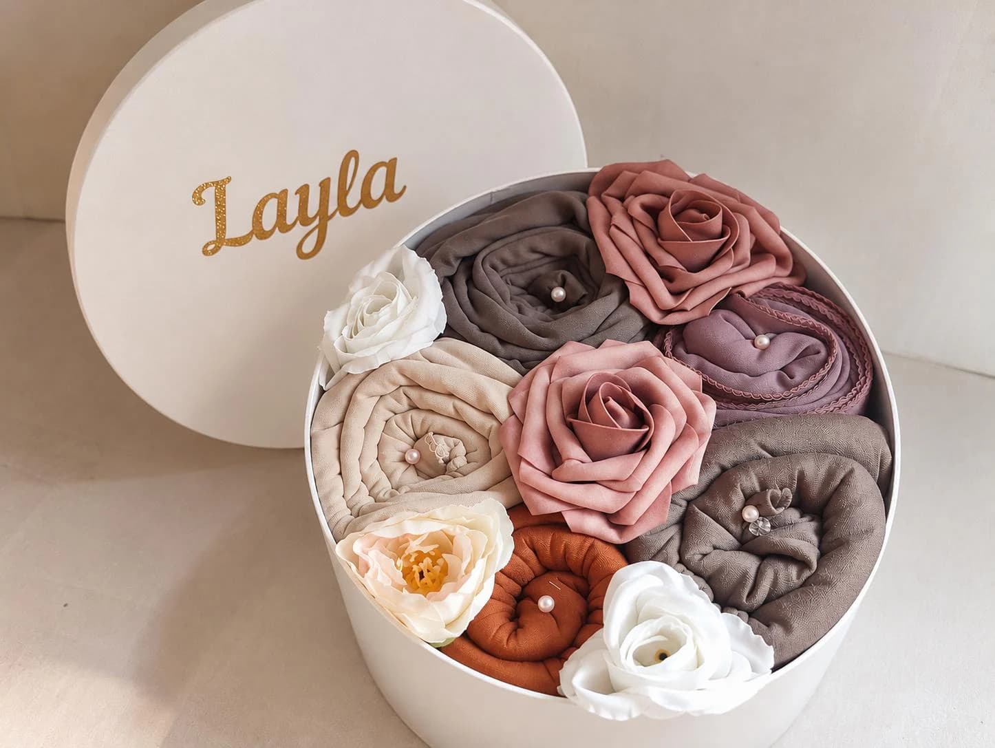 Personalised Rose Hijab Bouquet, 5-Piece Gift Box, Custom Name, Eid & Nikkah Present