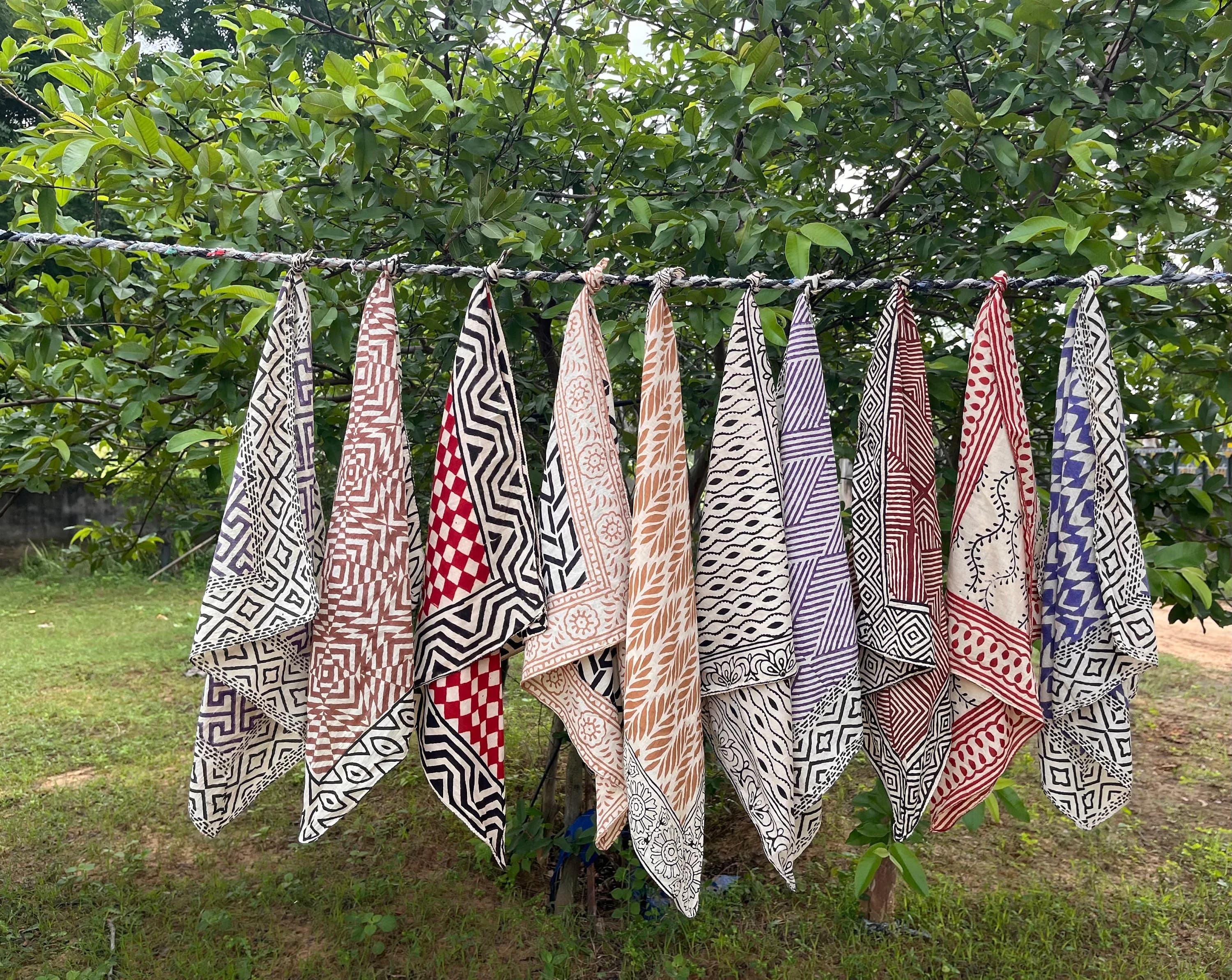 Pack of 10 Hand Block Print Cotton Bandana, Boho Head Scarf, Handmade Indian Bandana, Unisex Neckerchief, Festival Hair Scarf