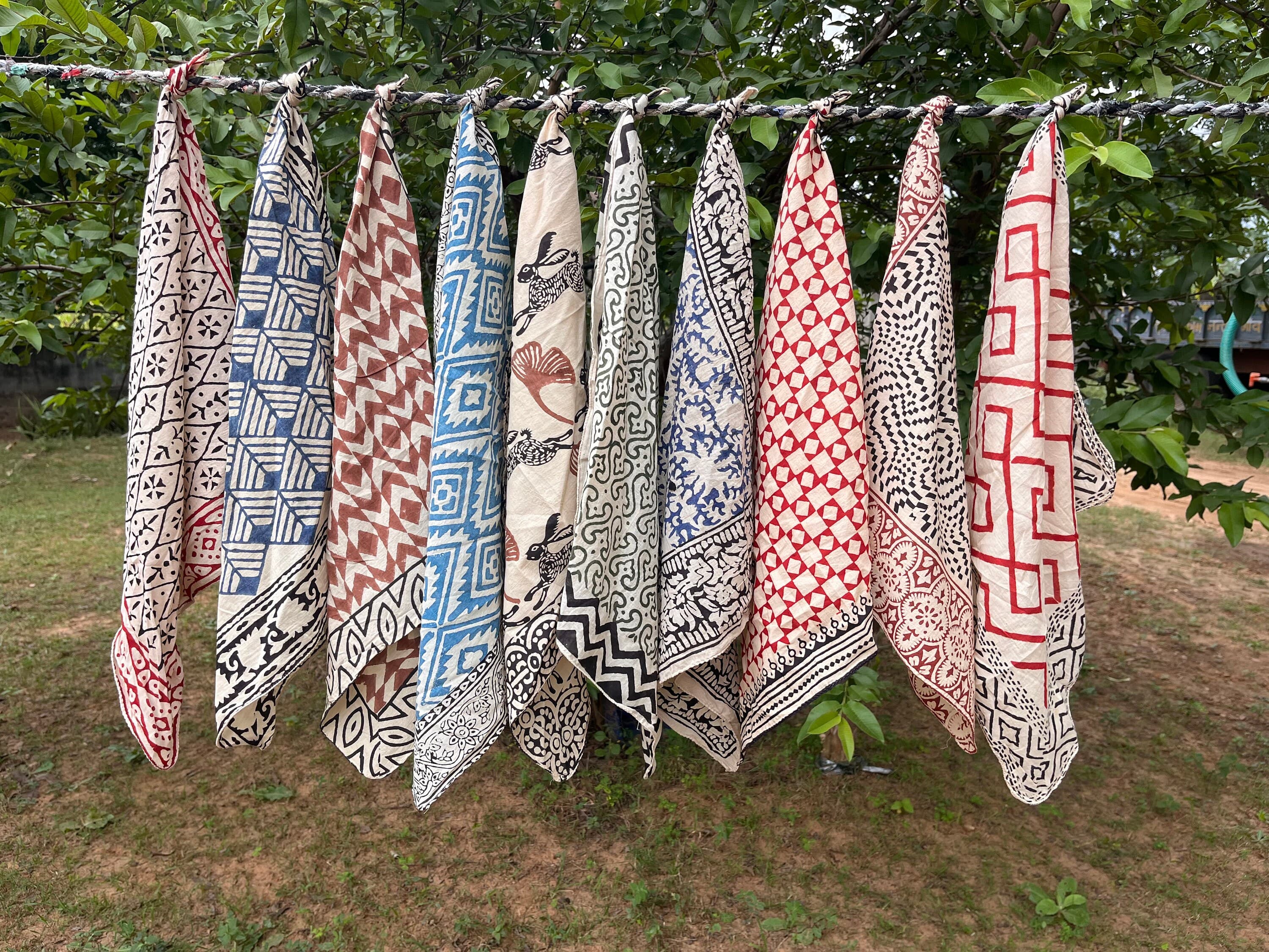 Pack of 10 Hand Block Print Cotton Bandana, Boho Head Scarf, Handmade Indian Bandana, Unisex Neckerchief, Festival Hair Scarf