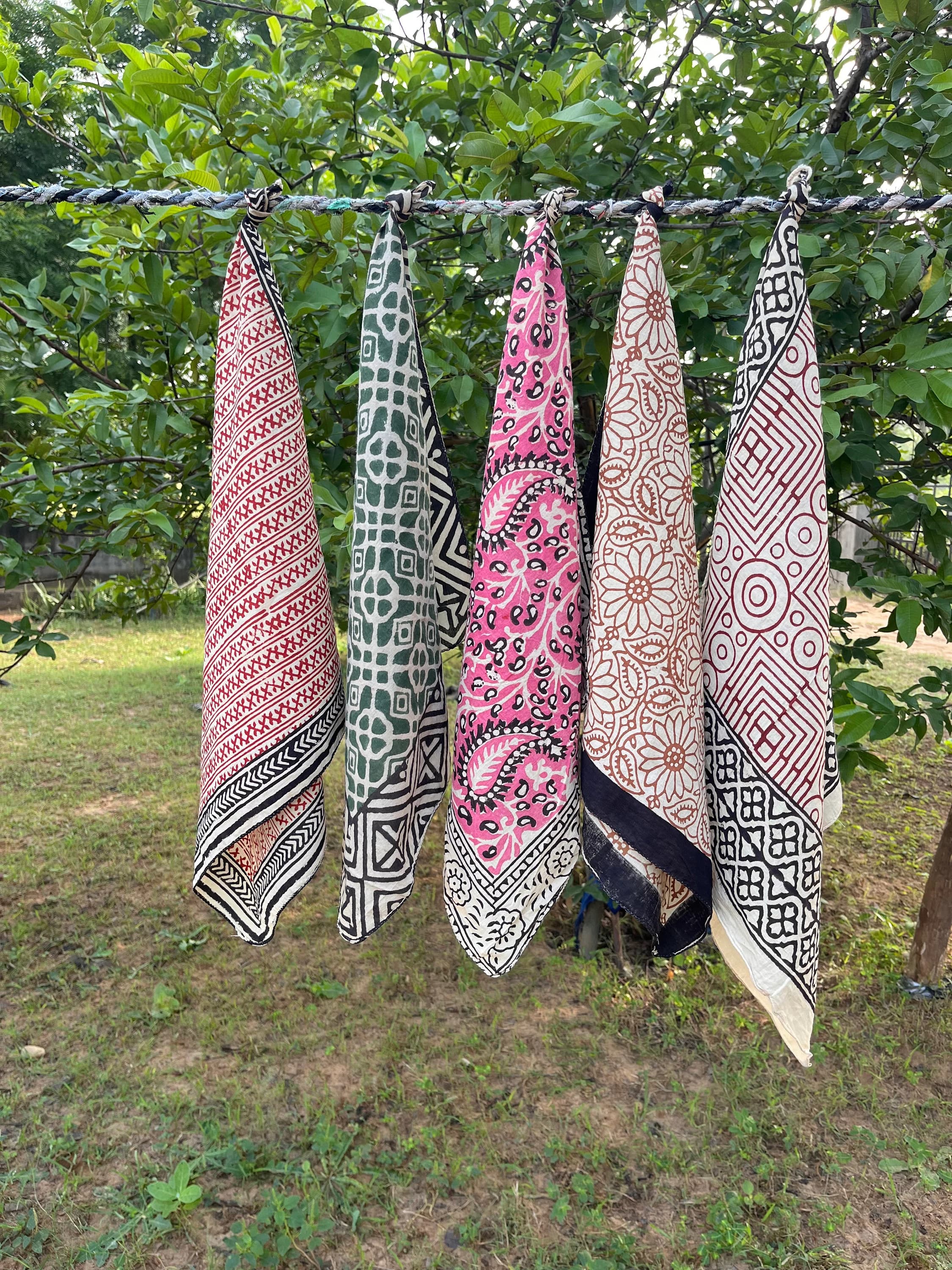 Pack of 5 Hand Block Print Cotton Bandana, Boho Head Scarf, Handmade Indian Bandana, Unisex Neckerchief, Festival Hair Scarf