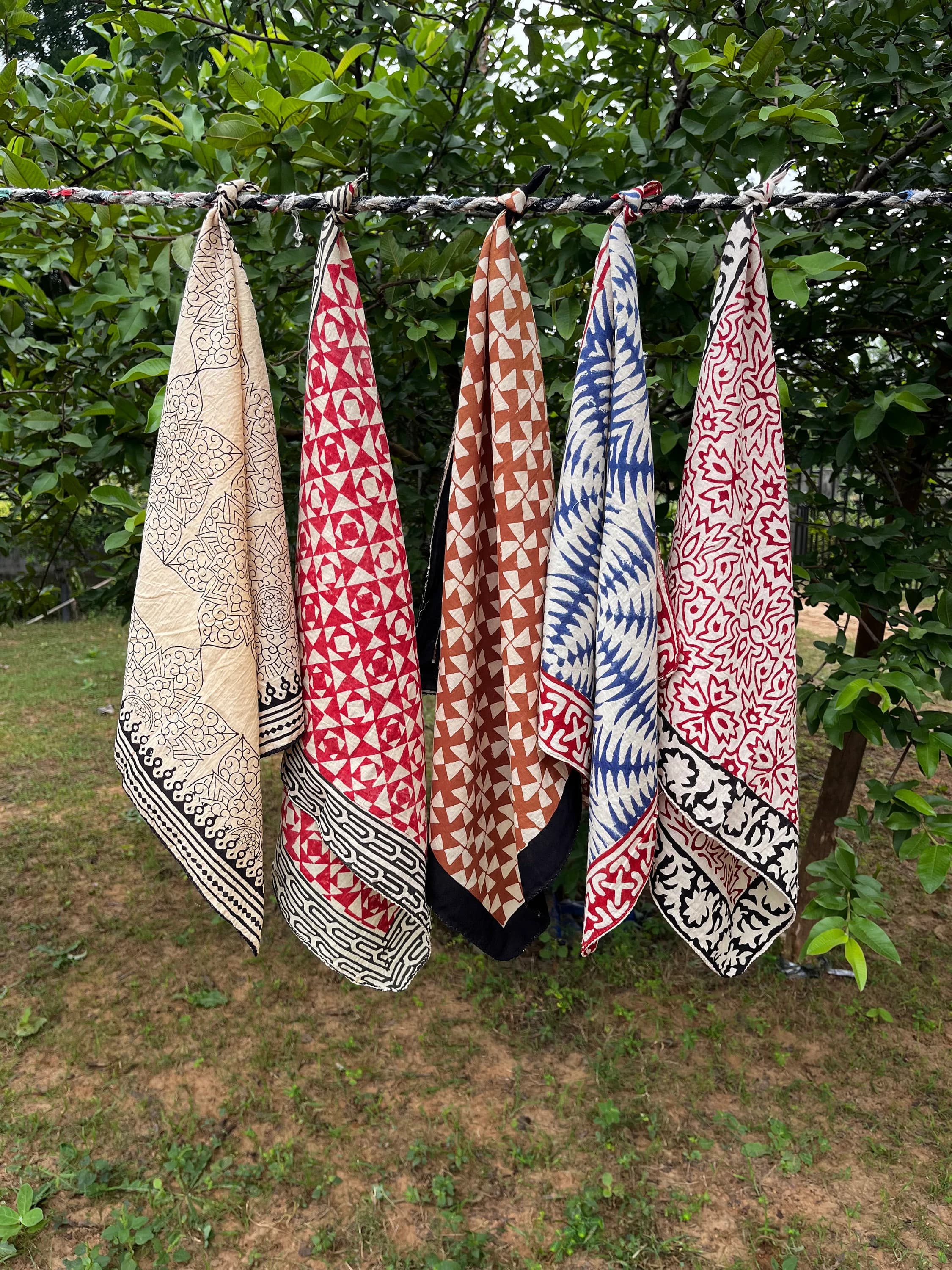 Pack of 5 Hand Block Print Cotton Bandanas, Boho Head Scarf, Indian Neckerchief