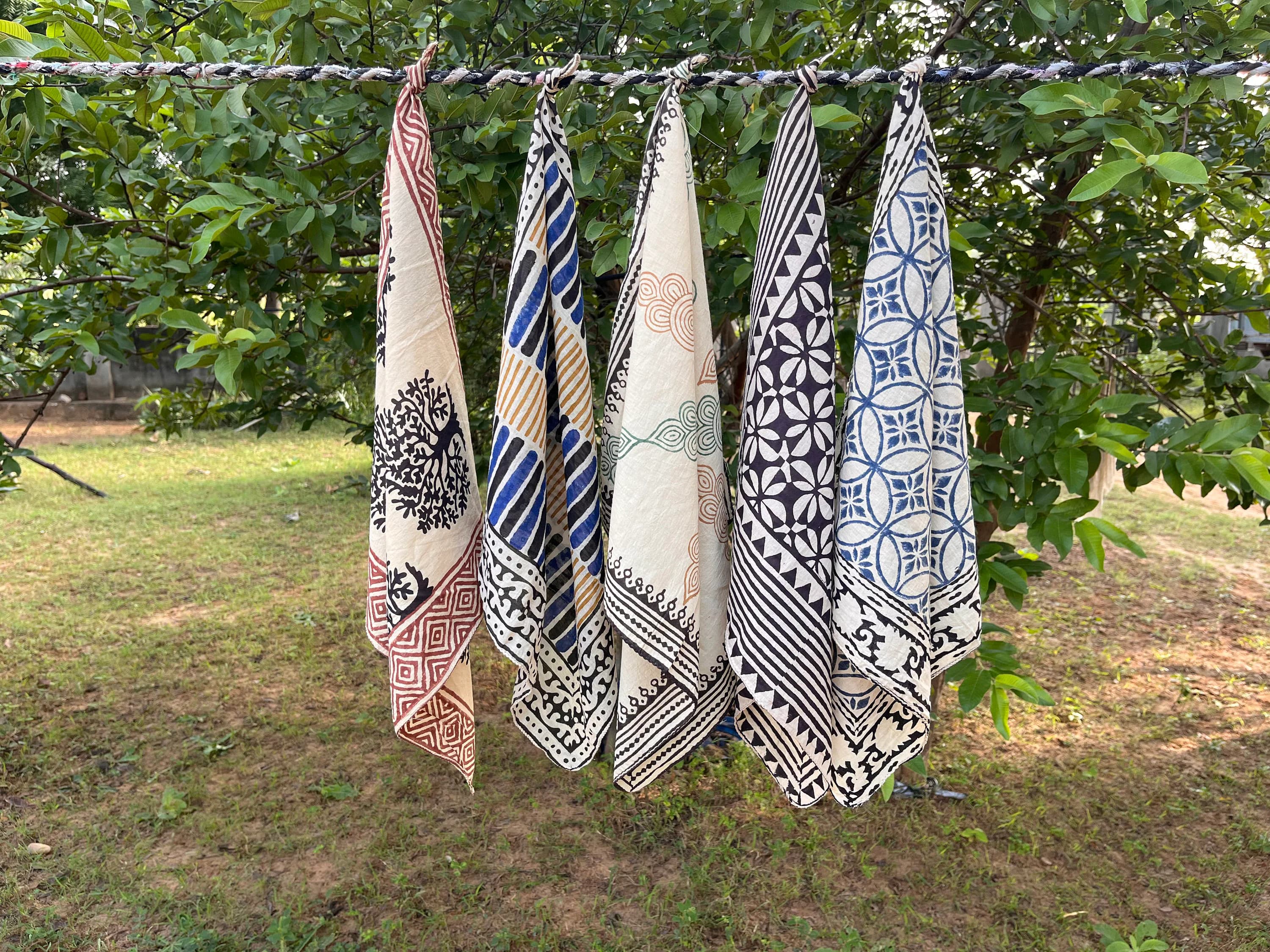 Pack of 5 Hand Block Print Cotton Bandana, Boho Head Scarf, Handmade Indian Bandana, Unisex Neckerchief, Festival Hair Scarf