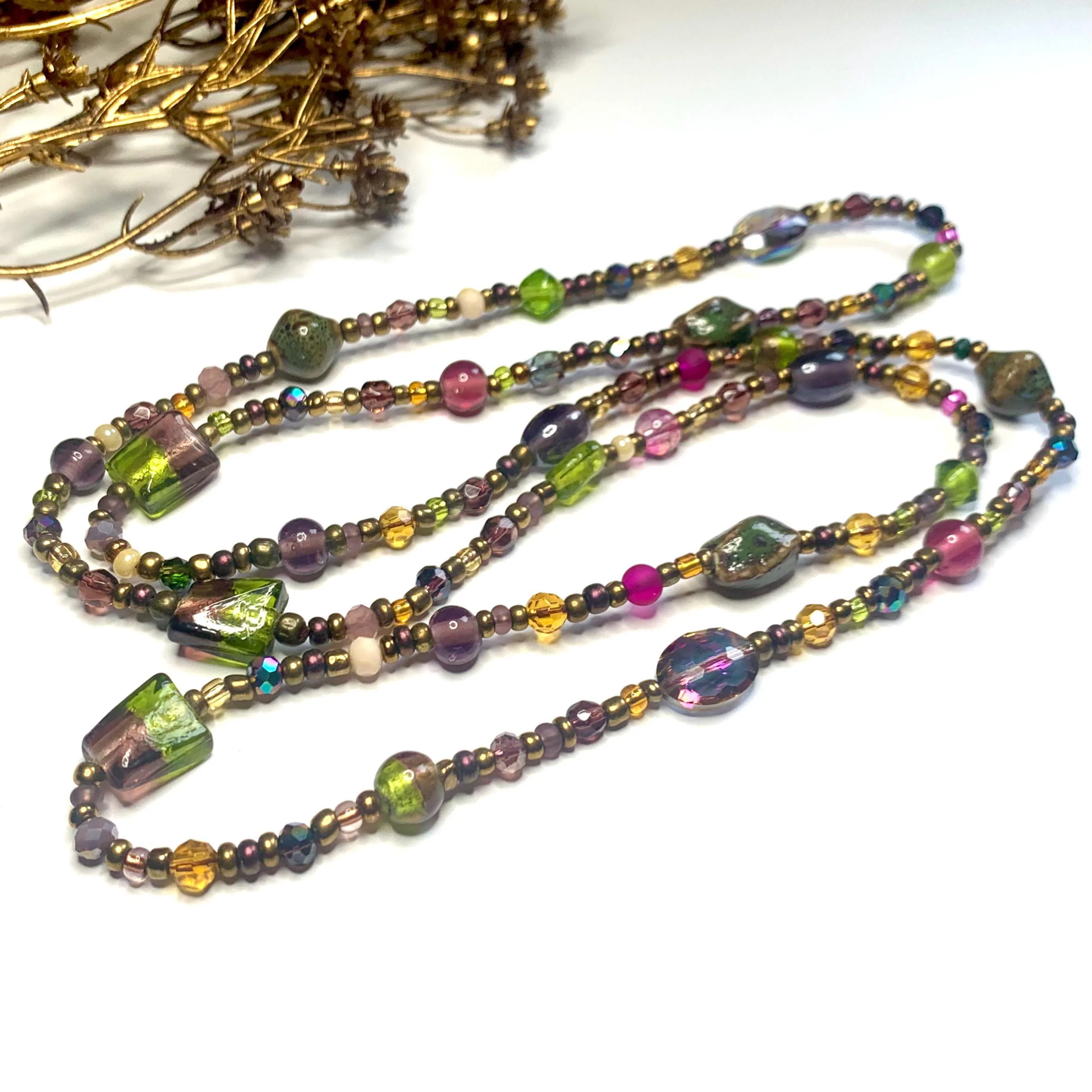 Long Beaded Mulberry Necklace: Handmade Purple, Pink & Green Jewellery