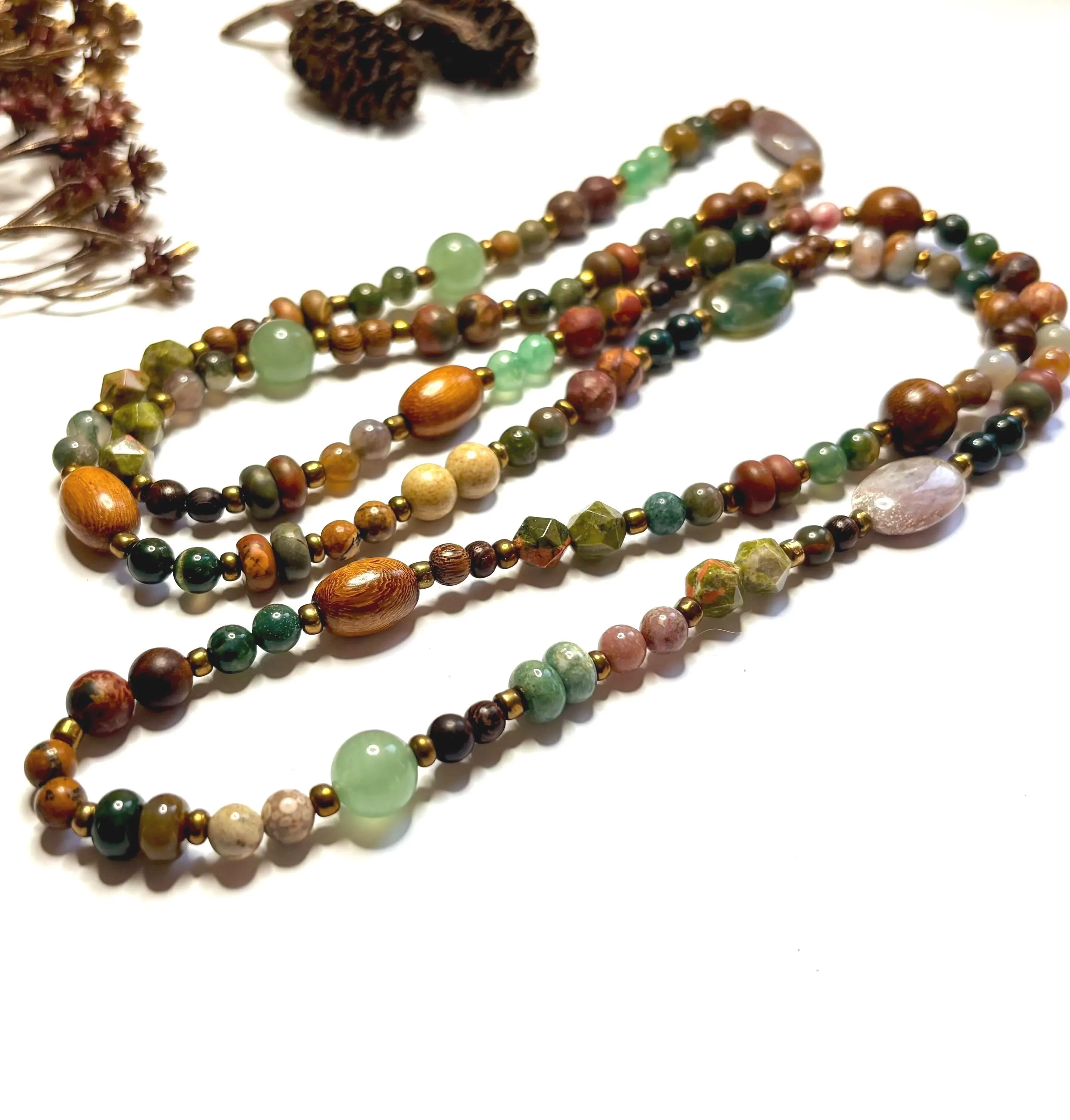 Botanical Gemstone Long Necklace: Handmade jewellery