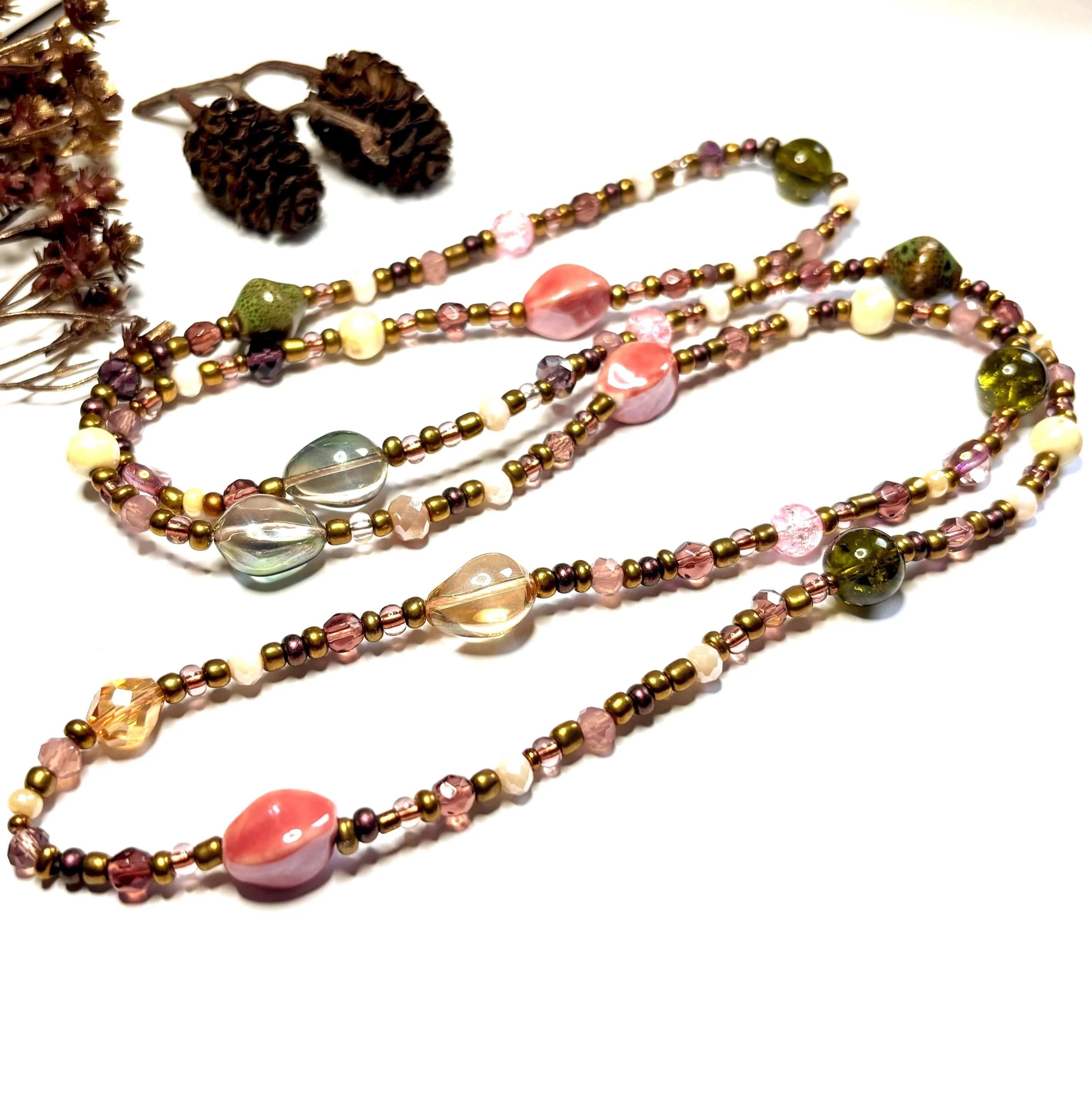 Summer Fig long beaded necklace. Handmade jewellery