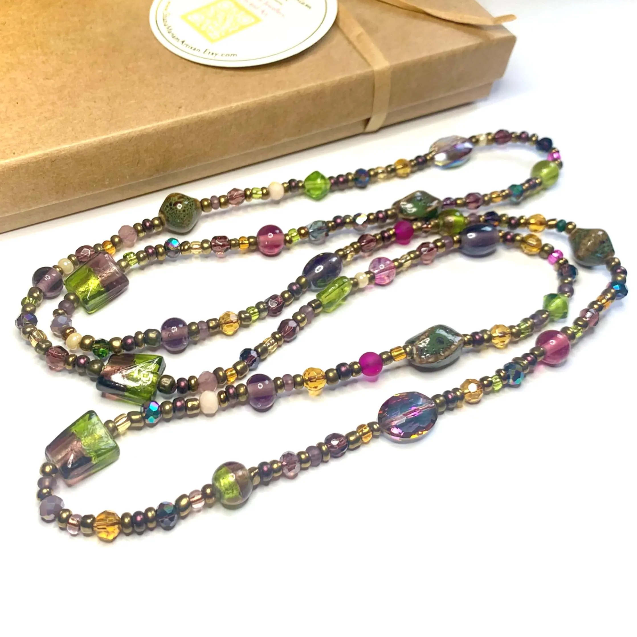 Long Beaded Mulberry Necklace: Handmade Purple, Pink & Green Jewellery - image 4